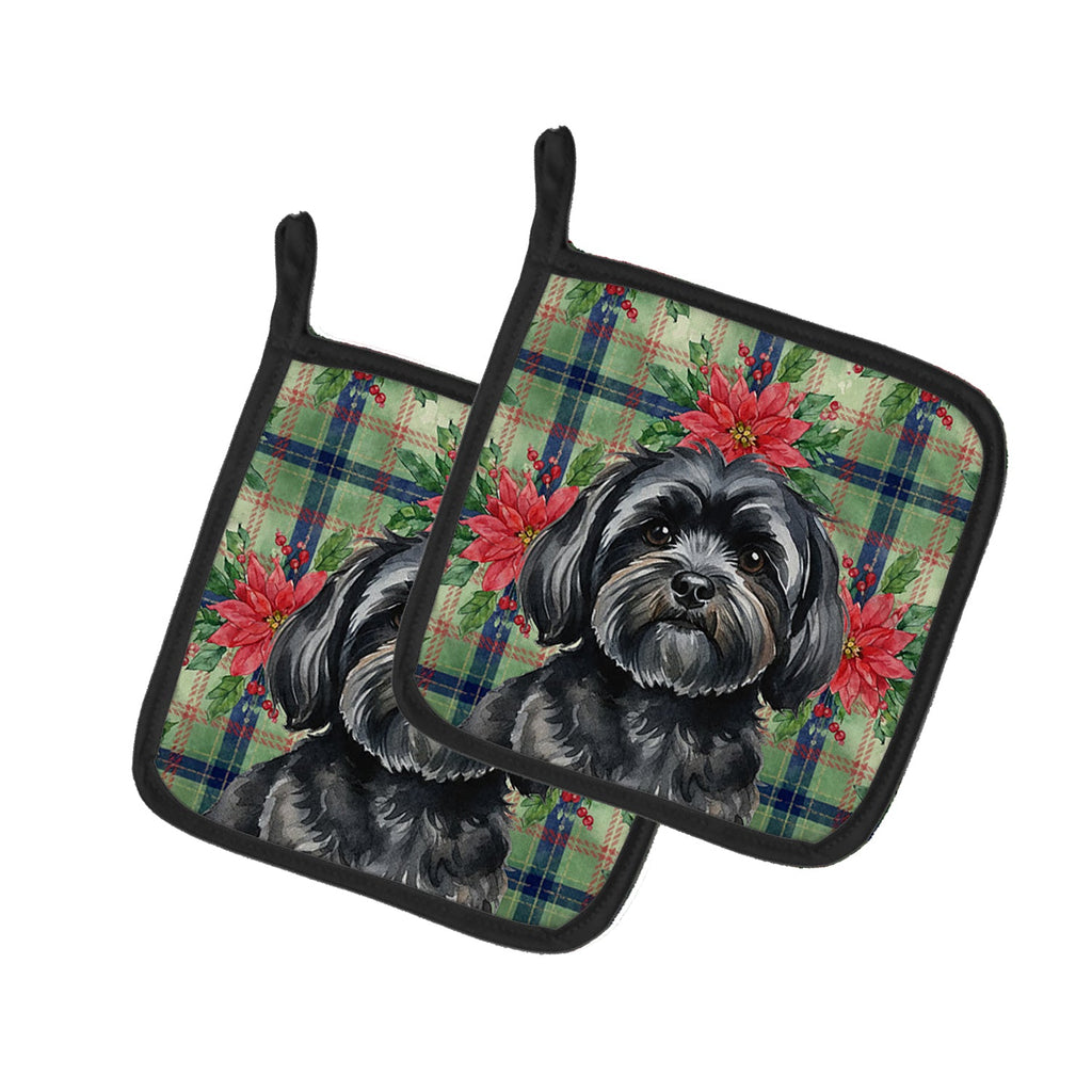 Black Lhasa Apso Christmas PoinsettIas Pot Holder Set of 2 Heat Resistant Quilted Hot Pads 7.5 x 7.5 Inch, Insulated Kitchen Trivets for Cooking & Baking