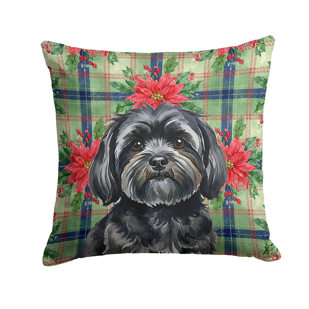 Black Lhasa Apso Christmas PoinsettIas Decorative Throw Pillow 14x14 Indoor Outdoor Accent Cushion, Fabric Cover with Insert for Sofa, Bed, Porch & Living Room