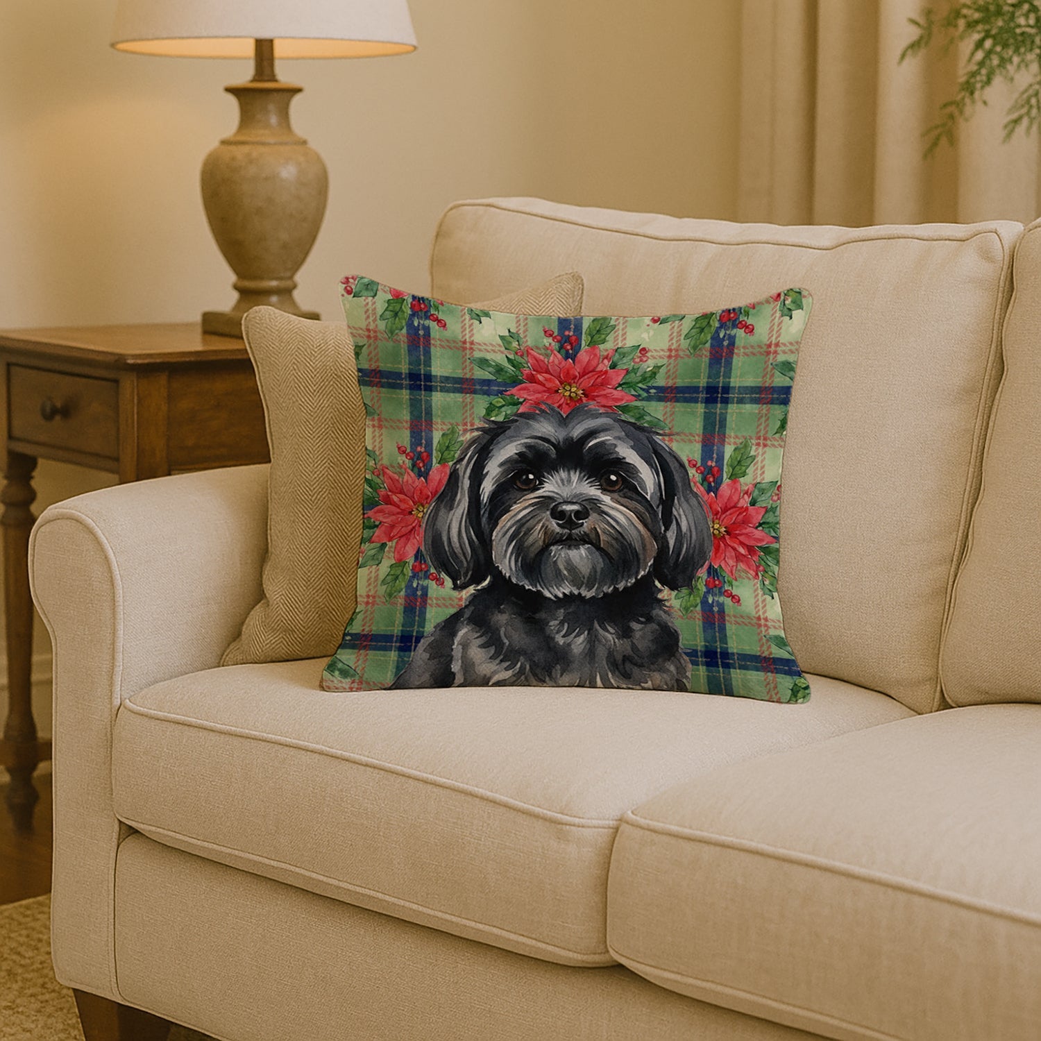 Black Lhasa Apso Christmas PoinsettIas Decorative Throw Pillow 14x14 Indoor Outdoor Accent Cushion, Fabric Cover with Insert for Sofa, Bed, Porch & Living Room