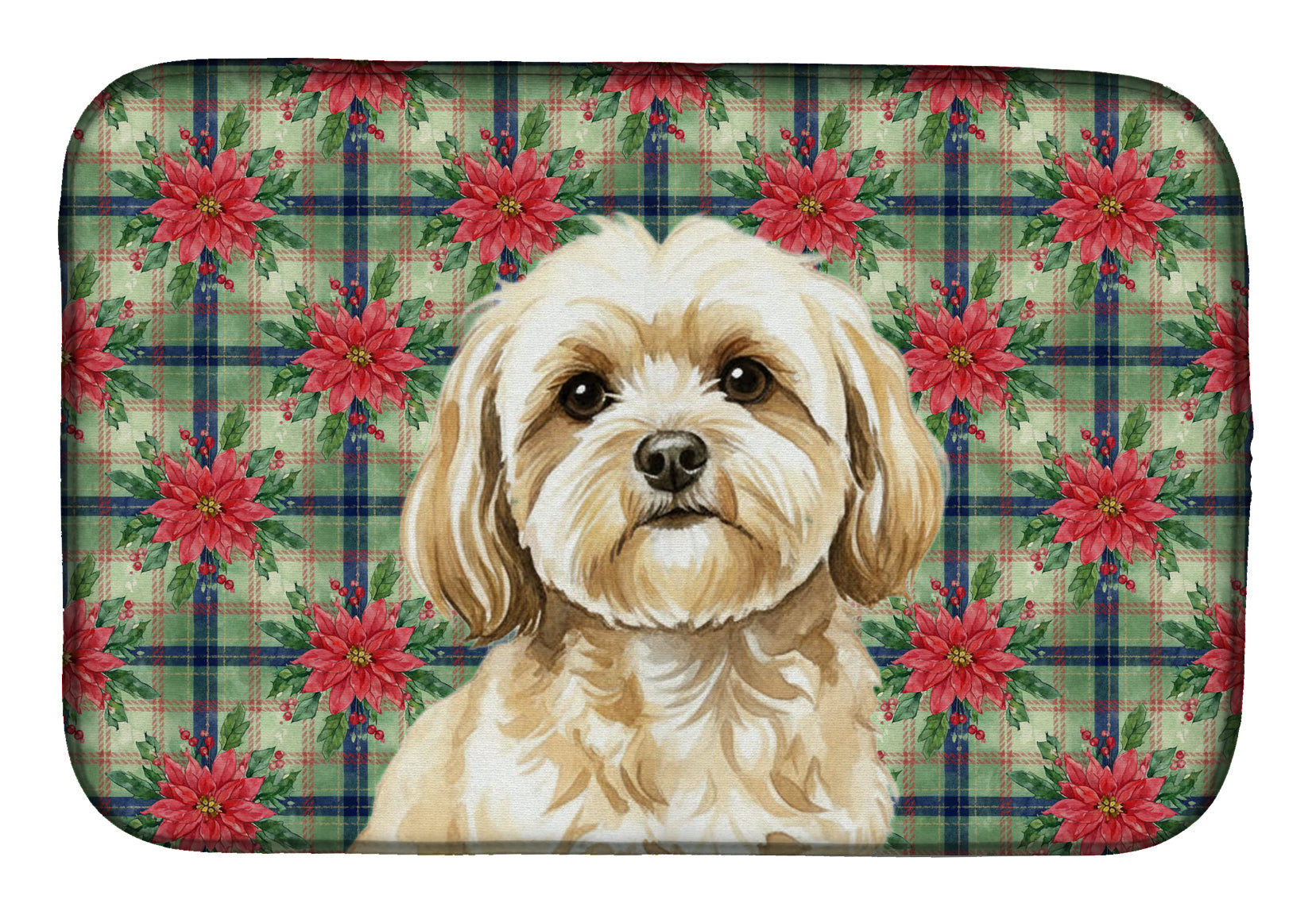 Cream Lhasa Apso Christmas PoinsettIas Dish Drying Mat Absorbent Dish Drying Mat Pad for Kitchen Counter Dish Drainer Mat for Countertop, 14 x 21", Multicolor
