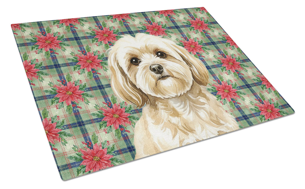 Cream Lhasa Apso Christmas PoinsettIas Cutting Board Tempered Glass Kitchen Cutting Surface, Heat Resistant Chopping, Non-Slip Feet, Food Prep & Serving