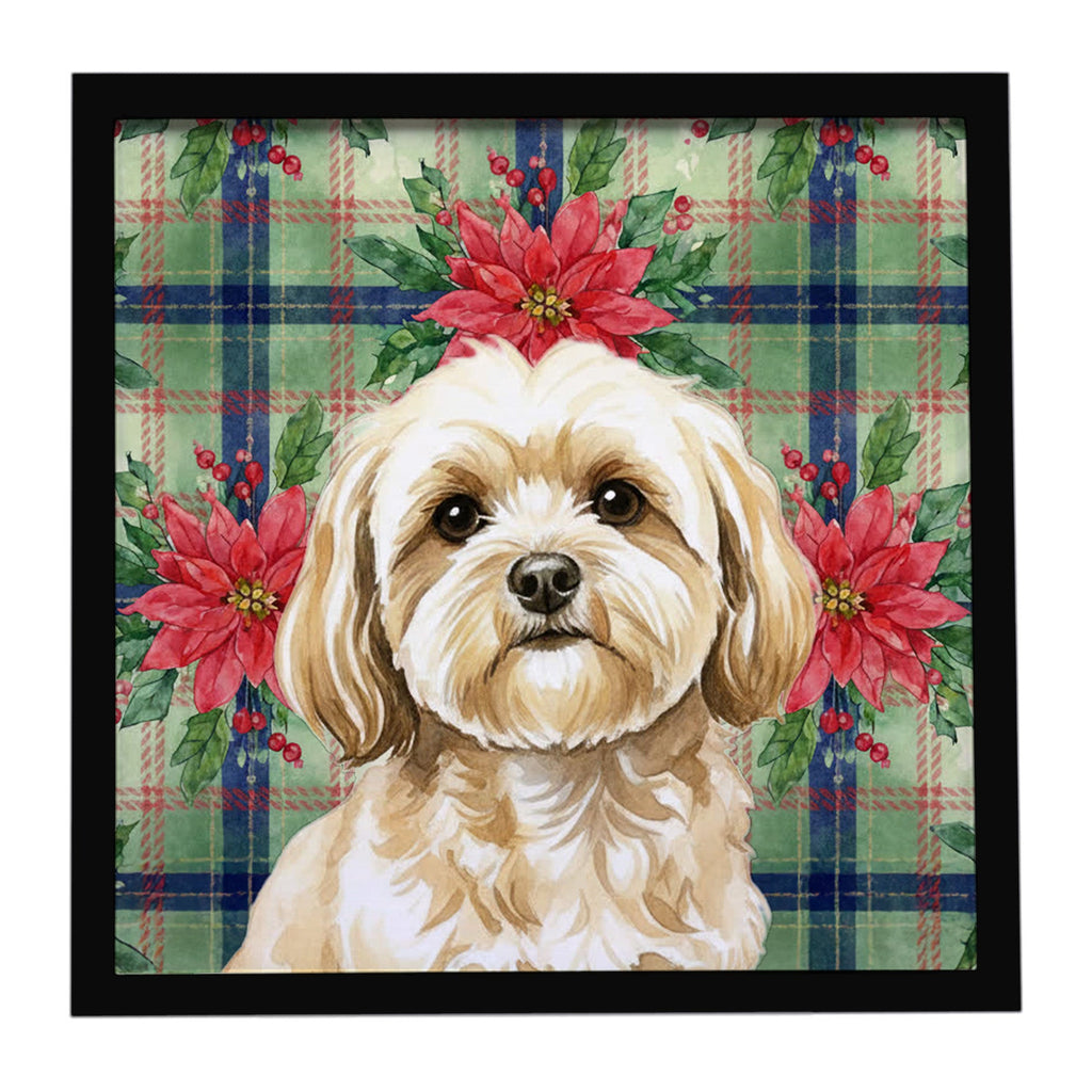 Cream Lhasa Apso Christmas PoinsettIas Framed Metal Print Bathroom, Kitchen, Office, Home Decor Wall Art Ready to Hang, Square, 8X8