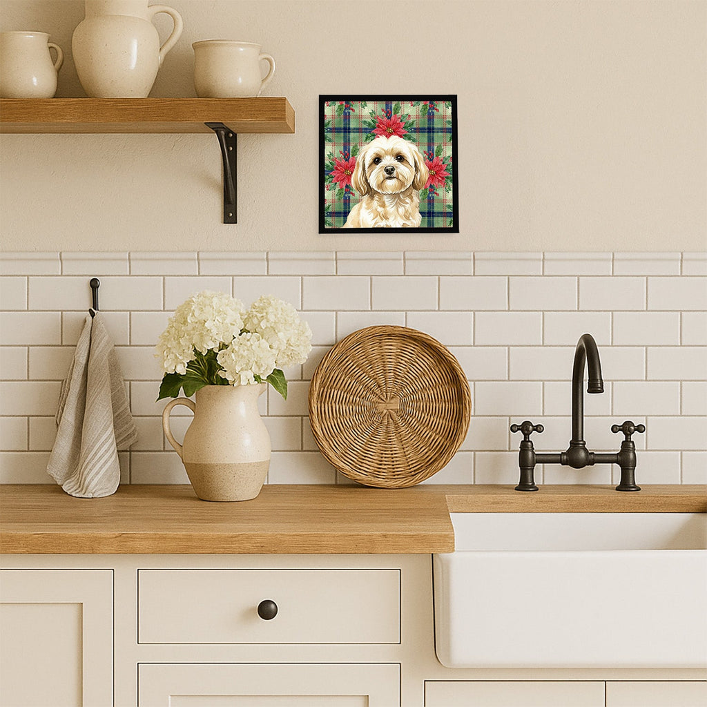 Cream Lhasa Apso Christmas PoinsettIas Framed Metal Print Bathroom, Kitchen, Office, Home Decor Wall Art Ready to Hang, Square, 8X8