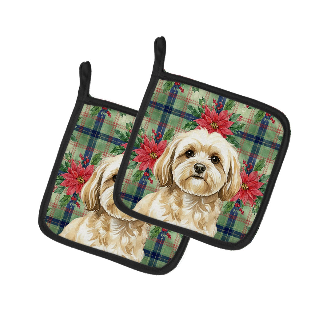 Cream Lhasa Apso Christmas PoinsettIas Pot Holder Set of 2 Heat Resistant Quilted Hot Pads 7.5 x 7.5 Inch, Insulated Kitchen Trivets for Cooking & Baking