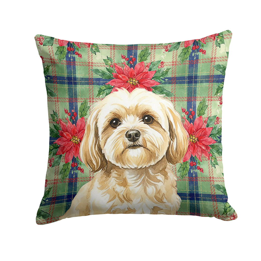 Cream Lhasa Apso Christmas PoinsettIas Decorative Throw Pillow 14x14 Indoor Outdoor Accent Cushion, Fabric Cover with Insert for Sofa, Bed, Porch & Living Room
