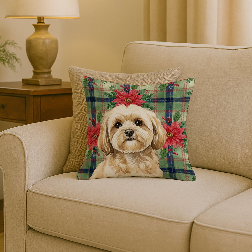 Cream Lhasa Apso Christmas PoinsettIas Decorative Throw Pillow 18x18 Indoor Outdoor Accent Cushion, Fabric Cover with Insert for Sofa, Bed, Porch & Living Room