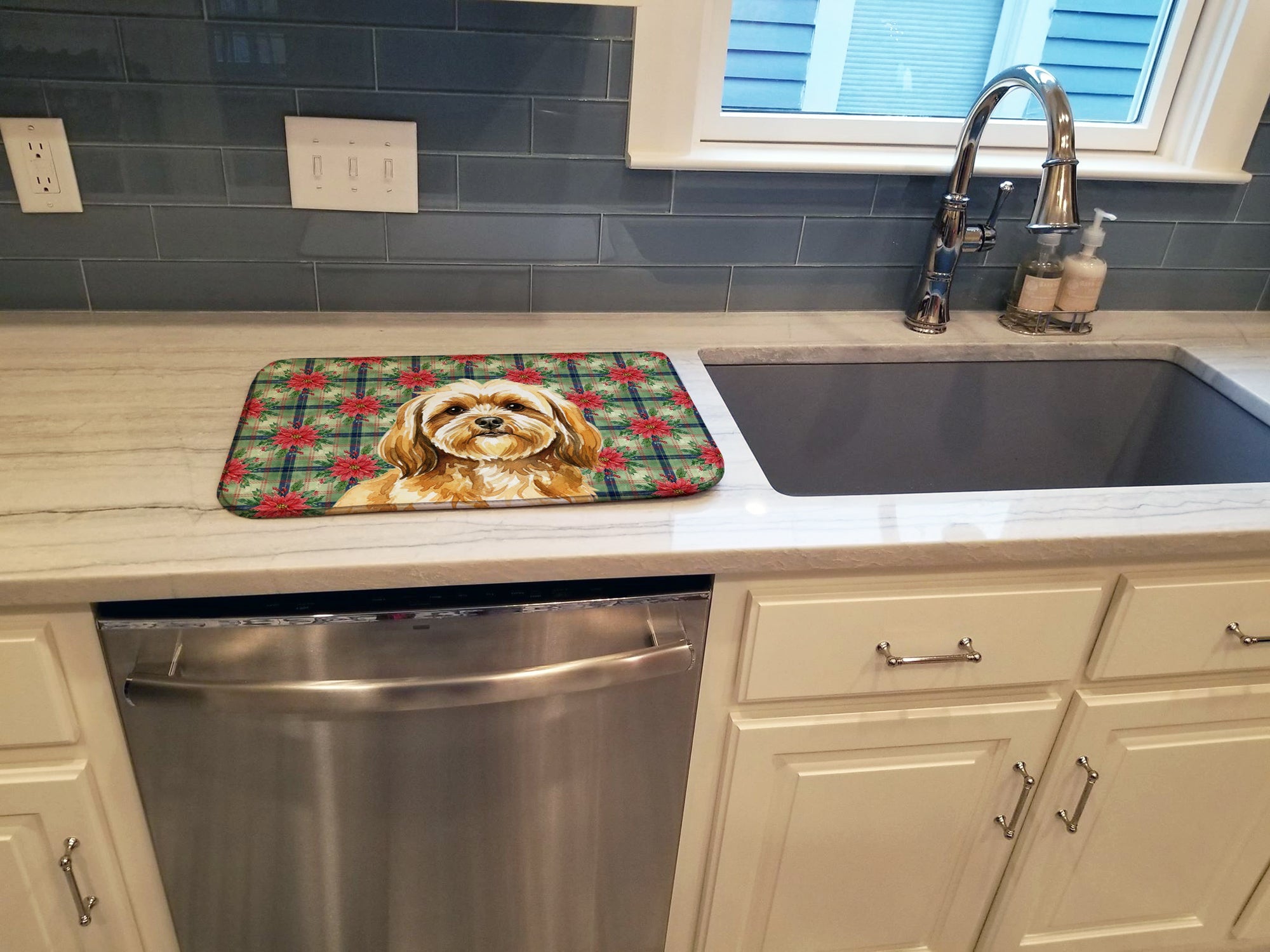 Gold Lhasa Apso Christmas PoinsettIas Dish Drying Mat Absorbent Dish Drying Mat Pad for Kitchen Counter Dish Drainer Mat for Countertop, 14 x 21", Multicolor