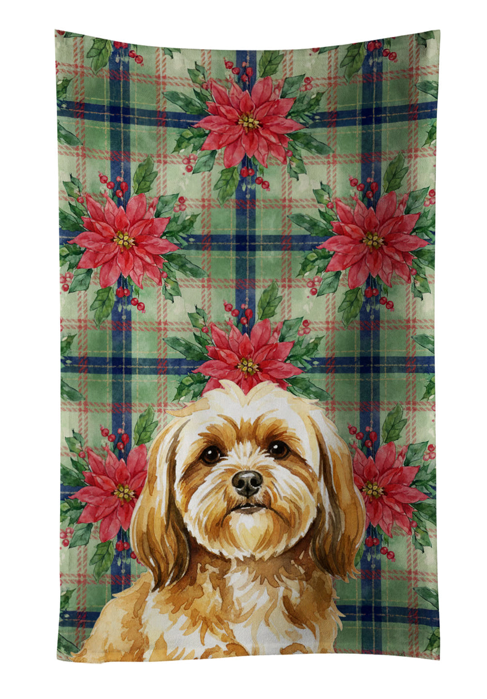 Gold Lhasa Apso Christmas PoinsettIas Kitchen Towel Velour Plush Front and Cotton Loop Back Machine Washable