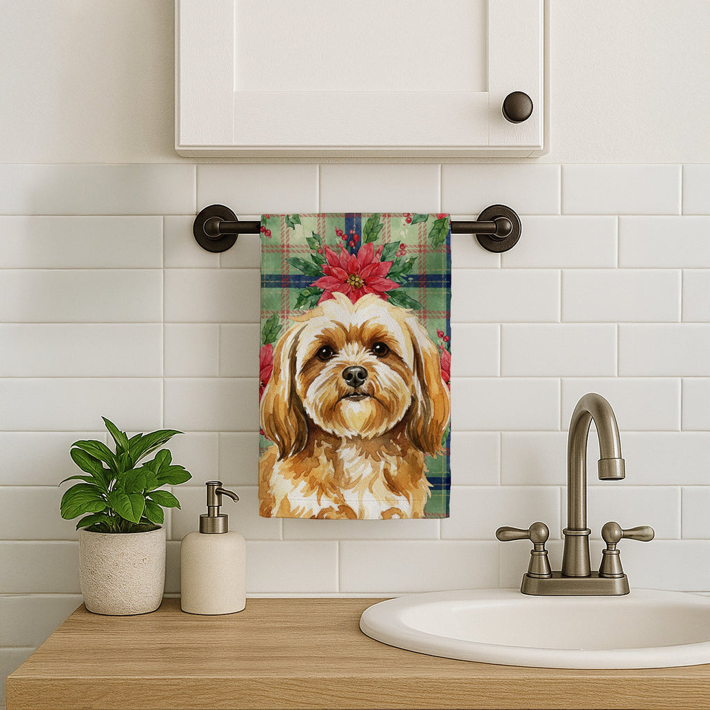 Gold Lhasa Apso Christmas PoinsettIas Kitchen Towel Velour Plush Front and Cotton Loop Back Machine Washable