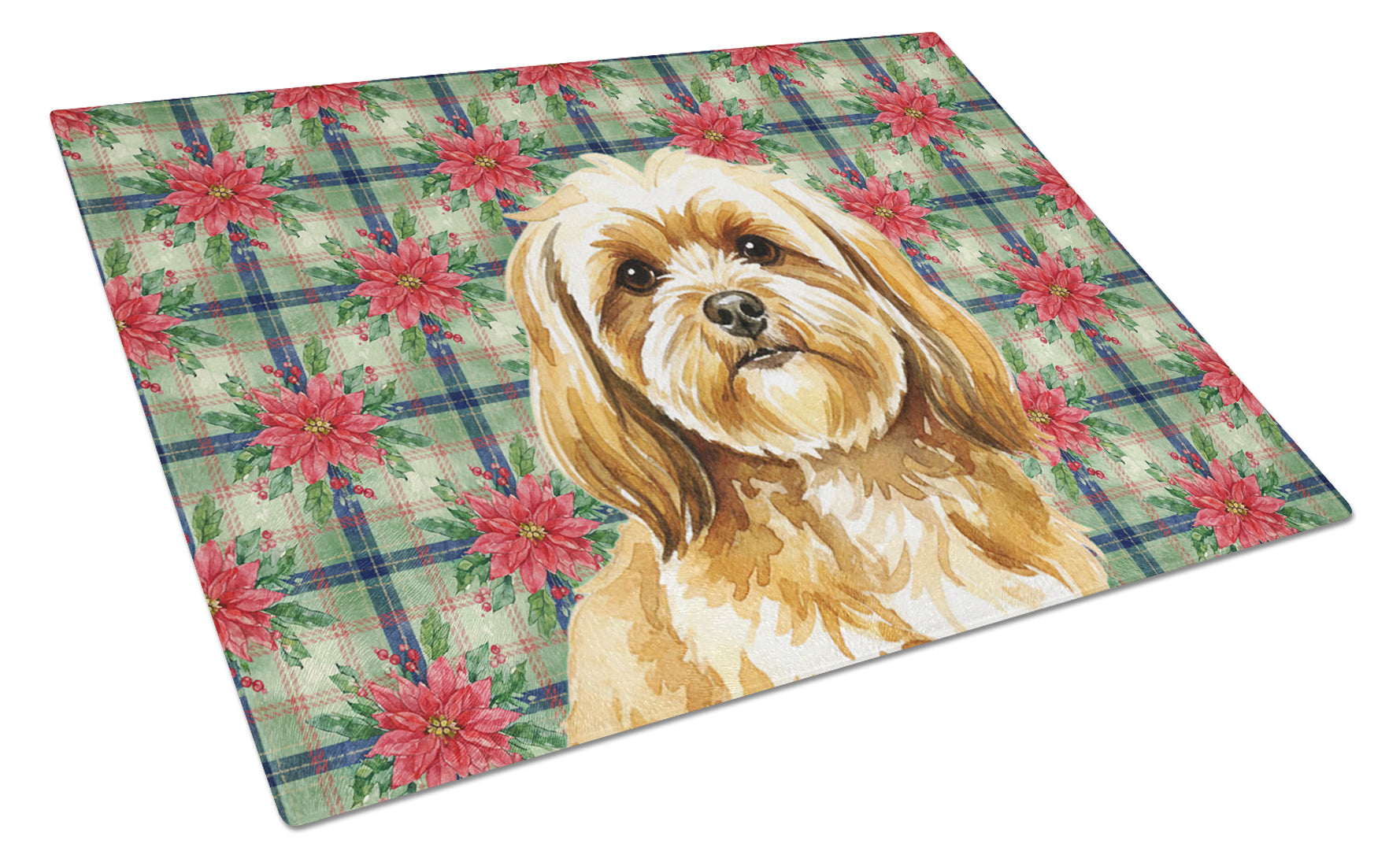 Gold Lhasa Apso Christmas PoinsettIas Cutting Board Tempered Glass Kitchen Cutting Surface, Heat Resistant Chopping, Non-Slip Feet, Food Prep & Serving