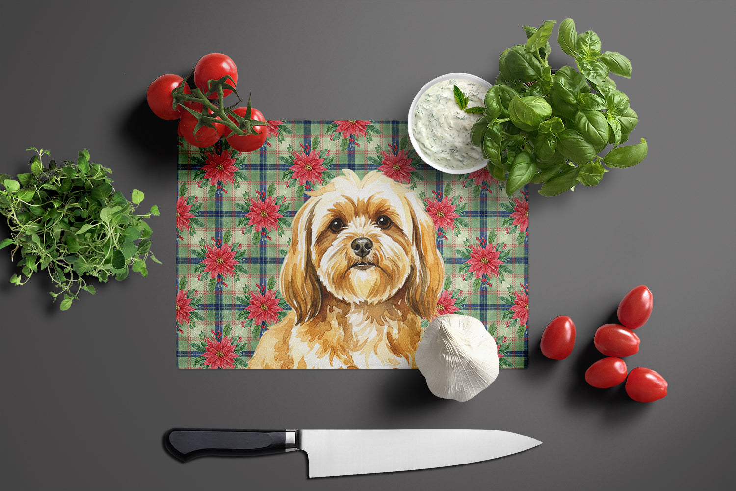 Gold Lhasa Apso Christmas PoinsettIas Cutting Board Tempered Glass Kitchen Cutting Surface, Heat Resistant Chopping, Non-Slip Feet, Food Prep & Serving
