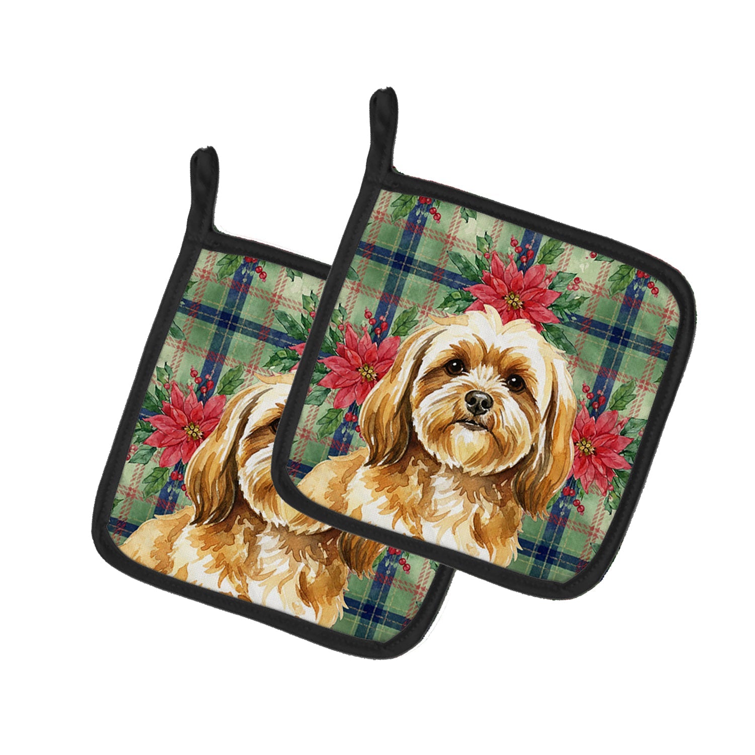 Gold Lhasa Apso Christmas PoinsettIas Pot Holder Set of 2 Heat Resistant Quilted Hot Pads 7.5 x 7.5 Inch, Insulated Kitchen Trivets for Cooking & Baking