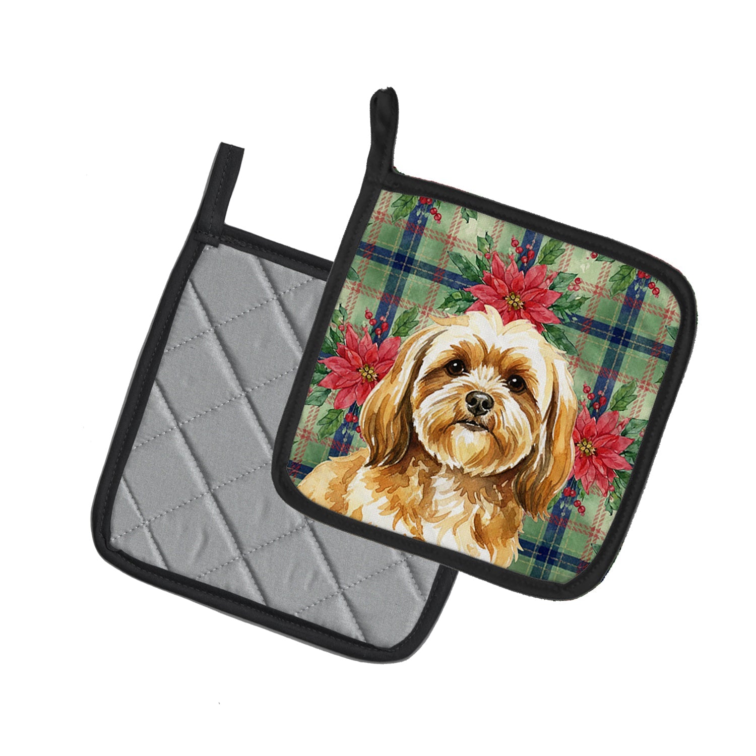 Gold Lhasa Apso Christmas PoinsettIas Pot Holder Set of 2 Heat Resistant Quilted Hot Pads 7.5 x 7.5 Inch, Insulated Kitchen Trivets for Cooking & Baking
