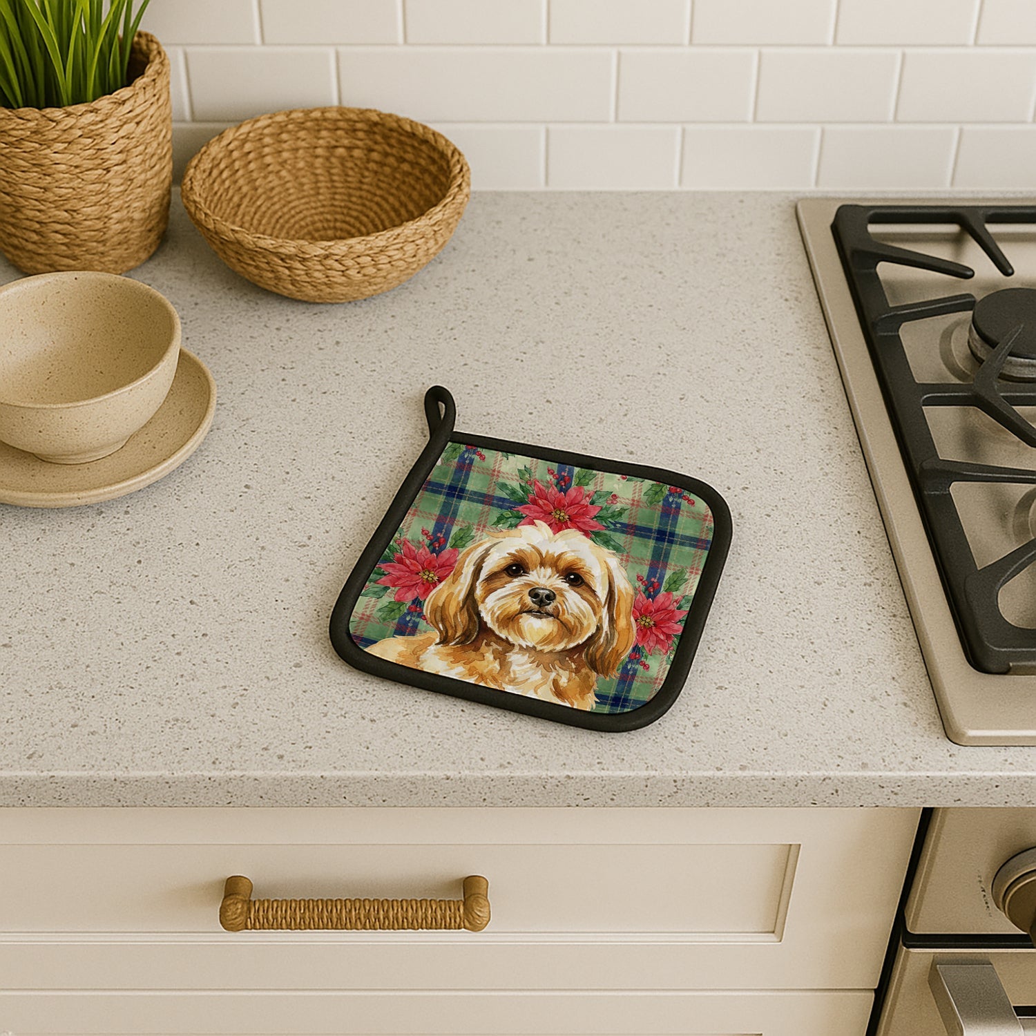 Gold Lhasa Apso Christmas PoinsettIas Pot Holder Set of 2 Heat Resistant Quilted Hot Pads 7.5 x 7.5 Inch, Insulated Kitchen Trivets for Cooking & Baking