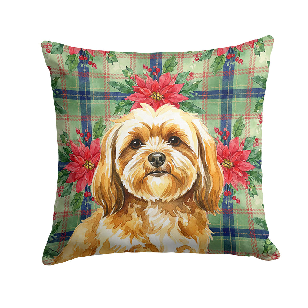 Gold Lhasa Apso Christmas PoinsettIas Decorative Throw Pillow 14x14 Indoor Outdoor Accent Cushion, Fabric Cover with Insert for Sofa, Bed, Porch & Living Room