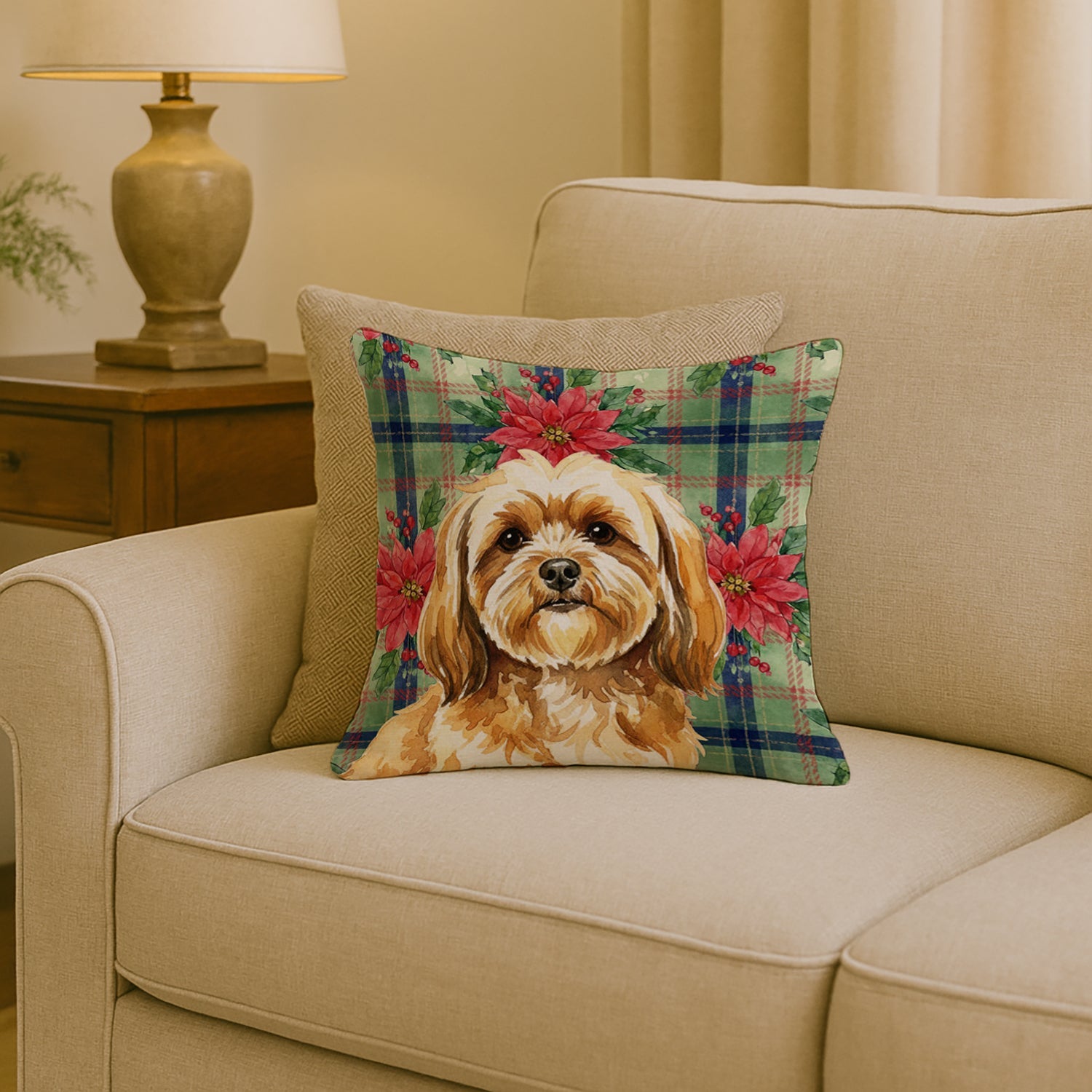 Gold Lhasa Apso Christmas PoinsettIas Decorative Throw Pillow 18x18 Indoor Outdoor Accent Cushion, Fabric Cover with Insert for Sofa, Bed, Porch & Living Room