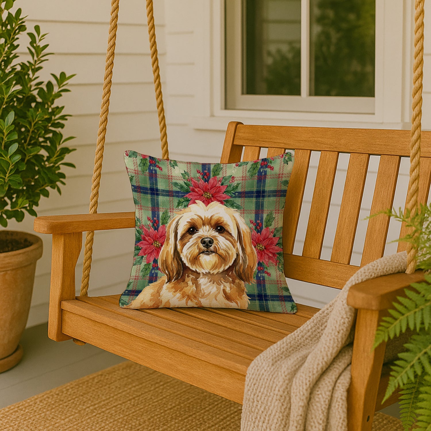 Gold Lhasa Apso Christmas PoinsettIas Decorative Throw Pillow 18x18 Indoor Outdoor Accent Cushion, Fabric Cover with Insert for Sofa, Bed, Porch & Living Room