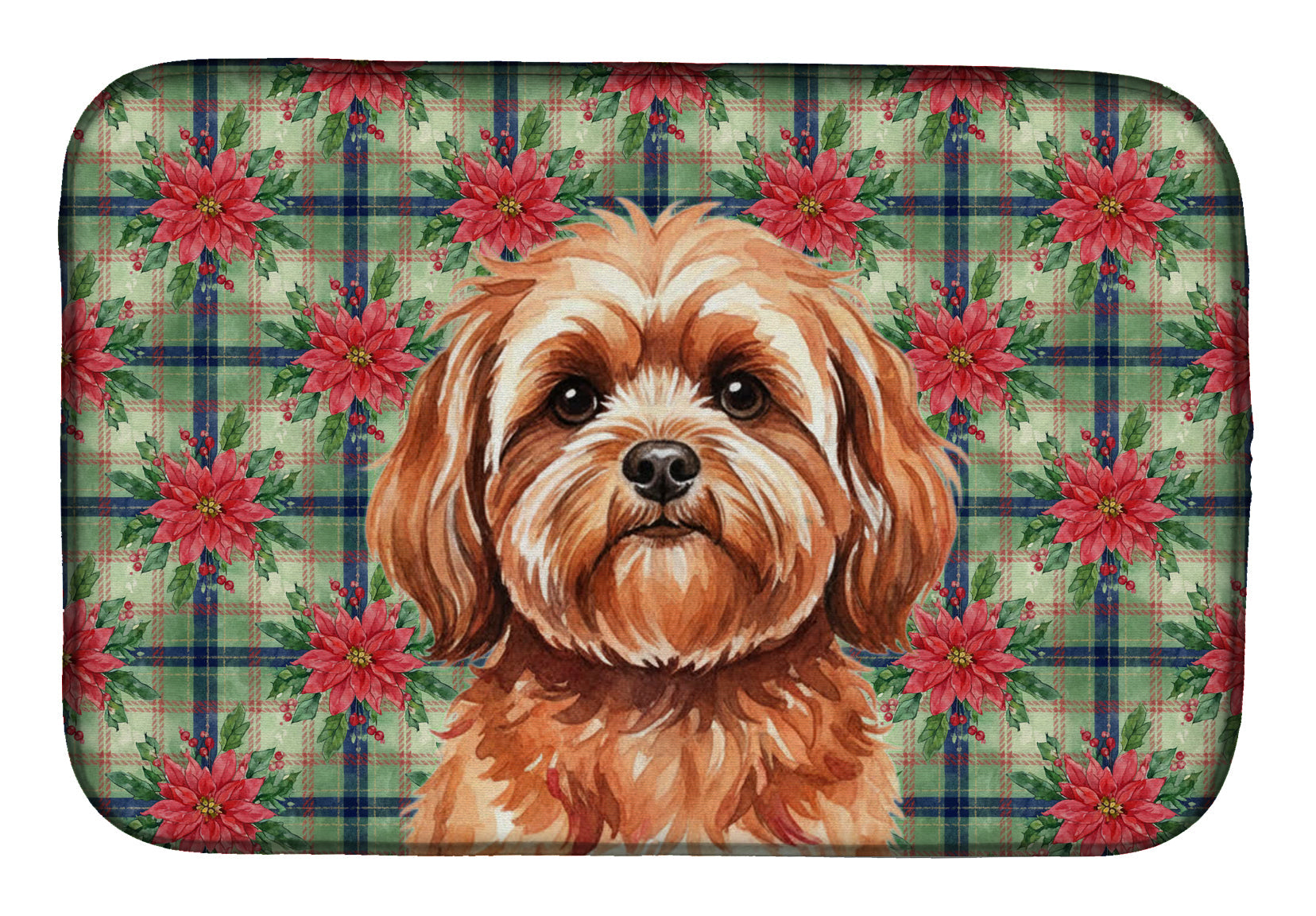 Red Lhasa Apso Christmas PoinsettIas Dish Drying Mat Absorbent Dish Drying Mat Pad for Kitchen Counter Dish Drainer Mat for Countertop, 14 x 21", Multicolor