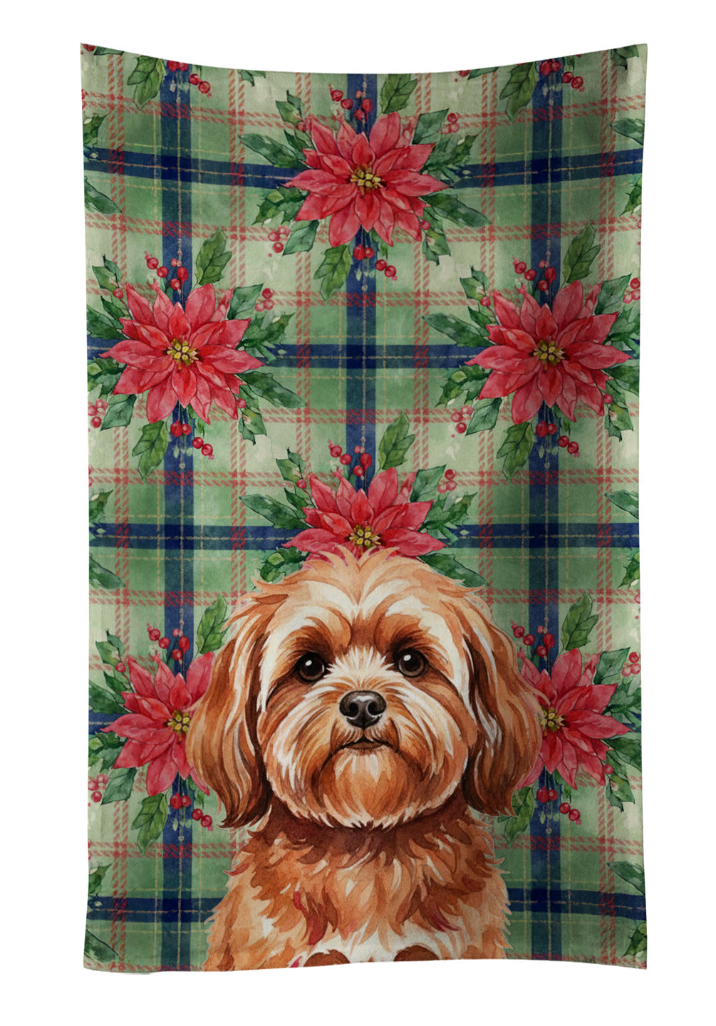 Red Lhasa Apso Christmas PoinsettIas Kitchen Towel Velour Plush Front and Cotton Loop Back Machine Washable