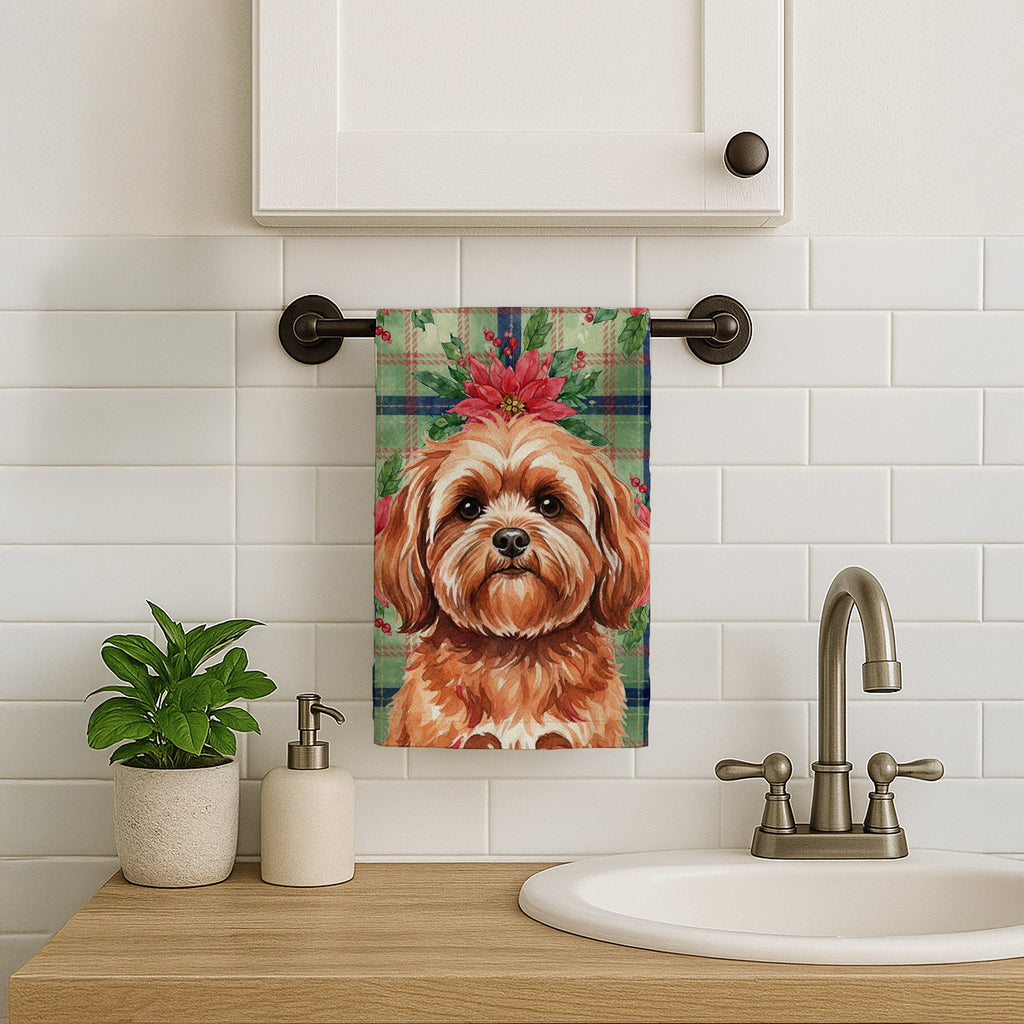 Red Lhasa Apso Christmas PoinsettIas Kitchen Towel Velour Plush Front and Cotton Loop Back Machine Washable