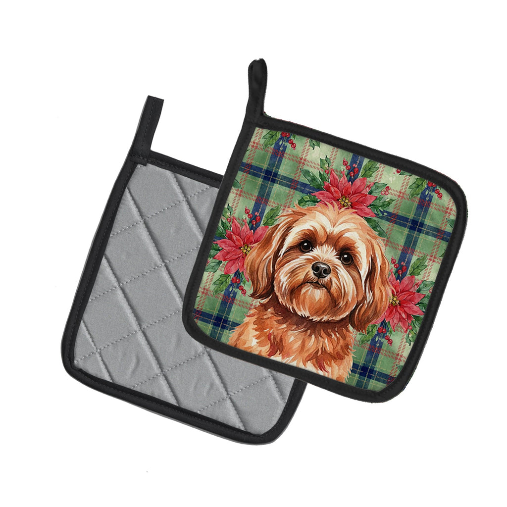 Red Lhasa Apso Christmas PoinsettIas Pot Holder Set of 2 Heat Resistant Quilted Hot Pads 7.5 x 7.5 Inch, Insulated Kitchen Trivets for Cooking & Baking
