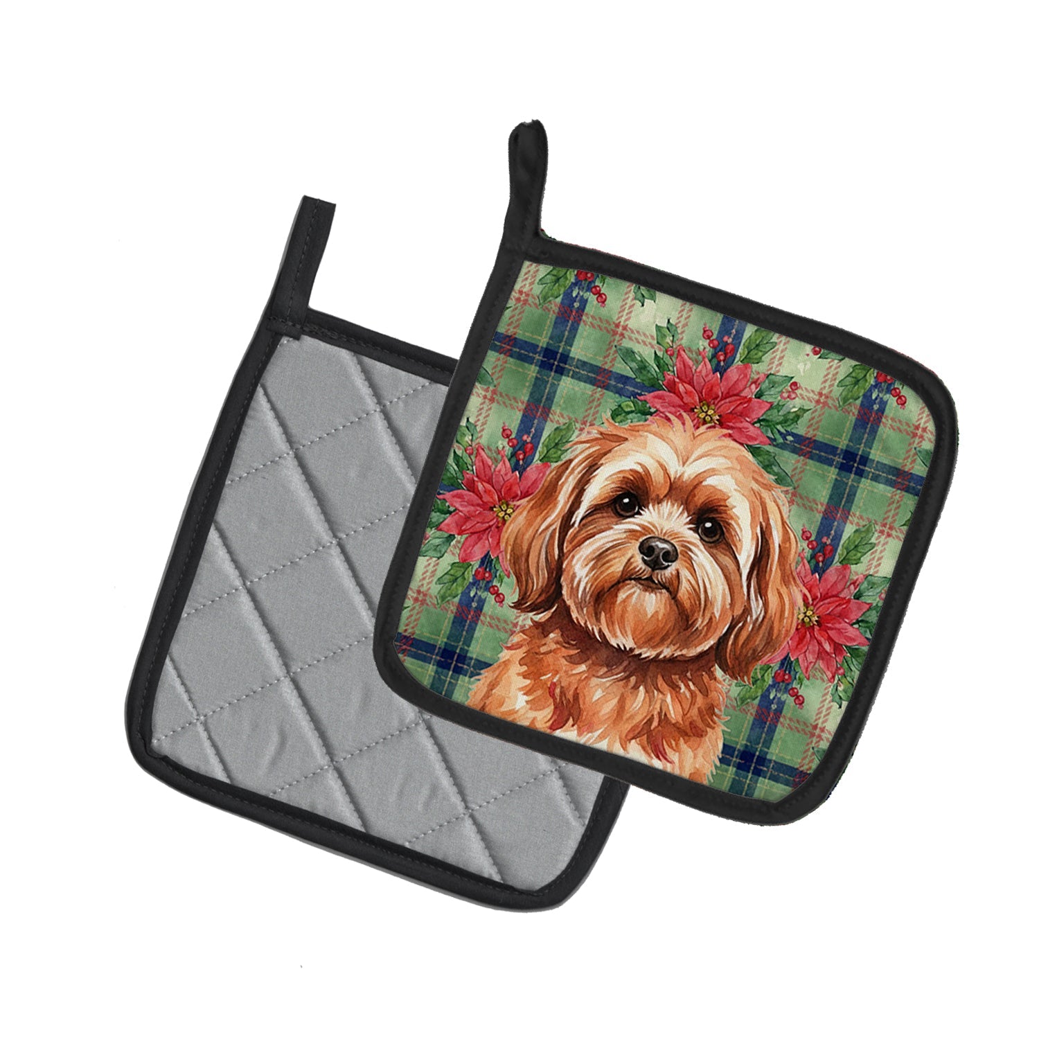 Red Lhasa Apso Christmas PoinsettIas Pot Holder Set of 2 Heat Resistant Quilted Hot Pads 7.5 x 7.5 Inch, Insulated Kitchen Trivets for Cooking & Baking