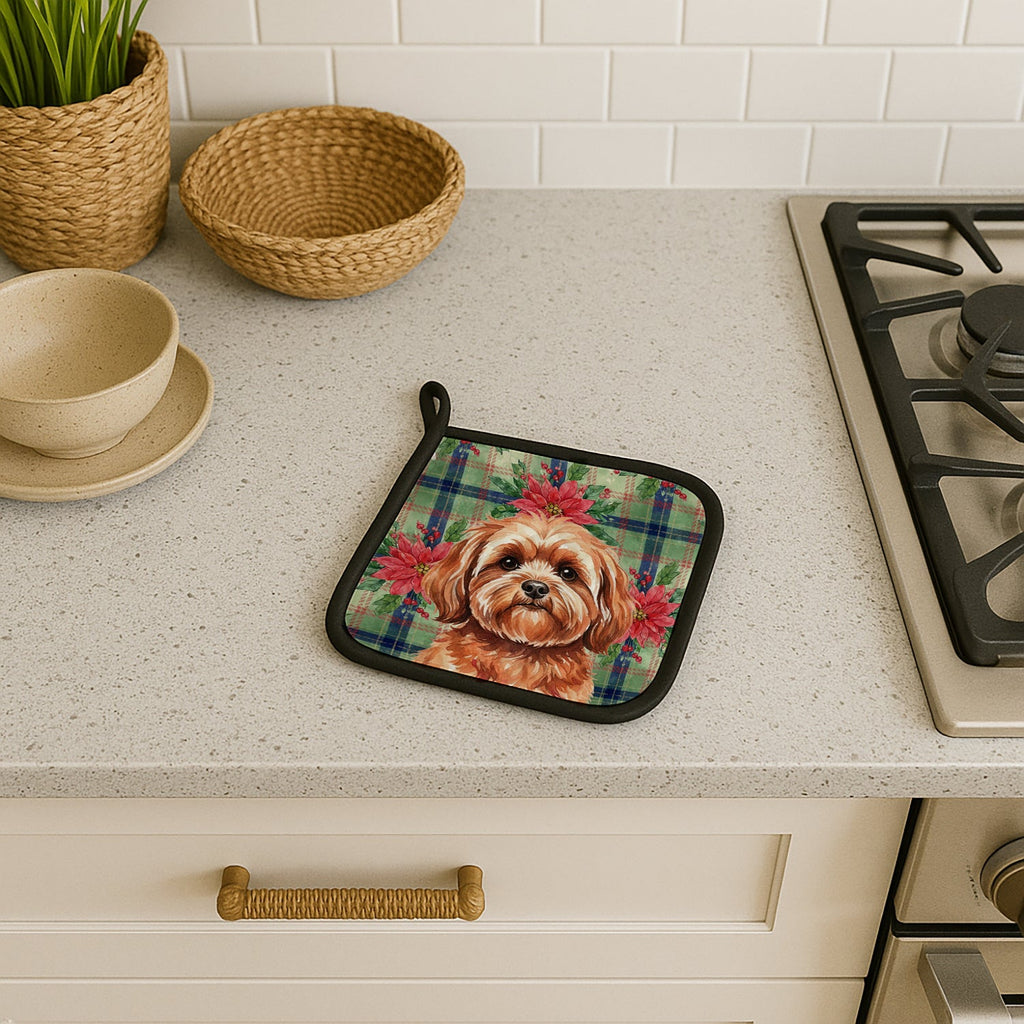 Red Lhasa Apso Christmas PoinsettIas Pot Holder Set of 2 Heat Resistant Quilted Hot Pads 7.5 x 7.5 Inch, Insulated Kitchen Trivets for Cooking & Baking