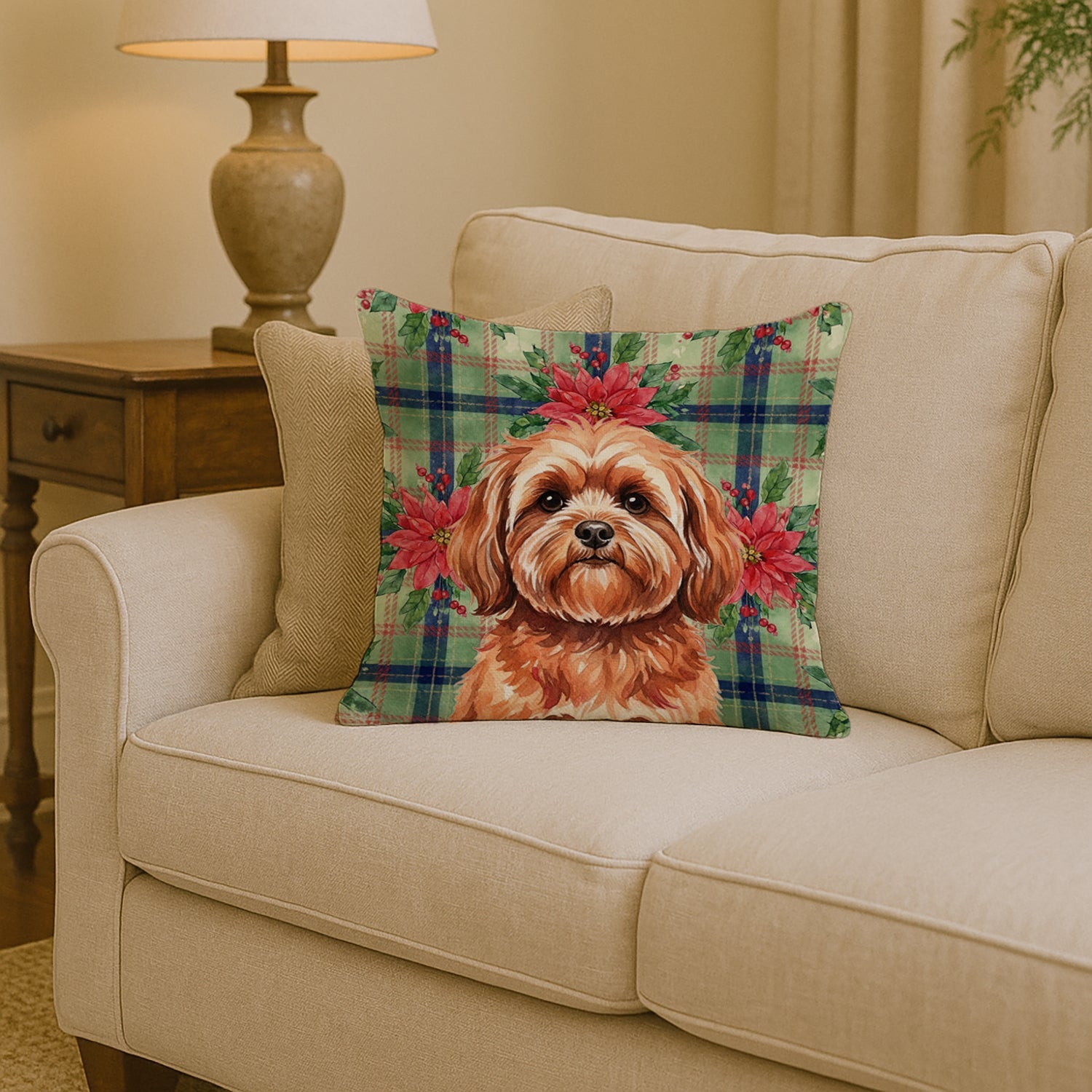 Red Lhasa Apso Christmas PoinsettIas Decorative Throw Pillow 14x14 Indoor Outdoor Accent Cushion, Fabric Cover with Insert for Sofa, Bed, Porch & Living Room