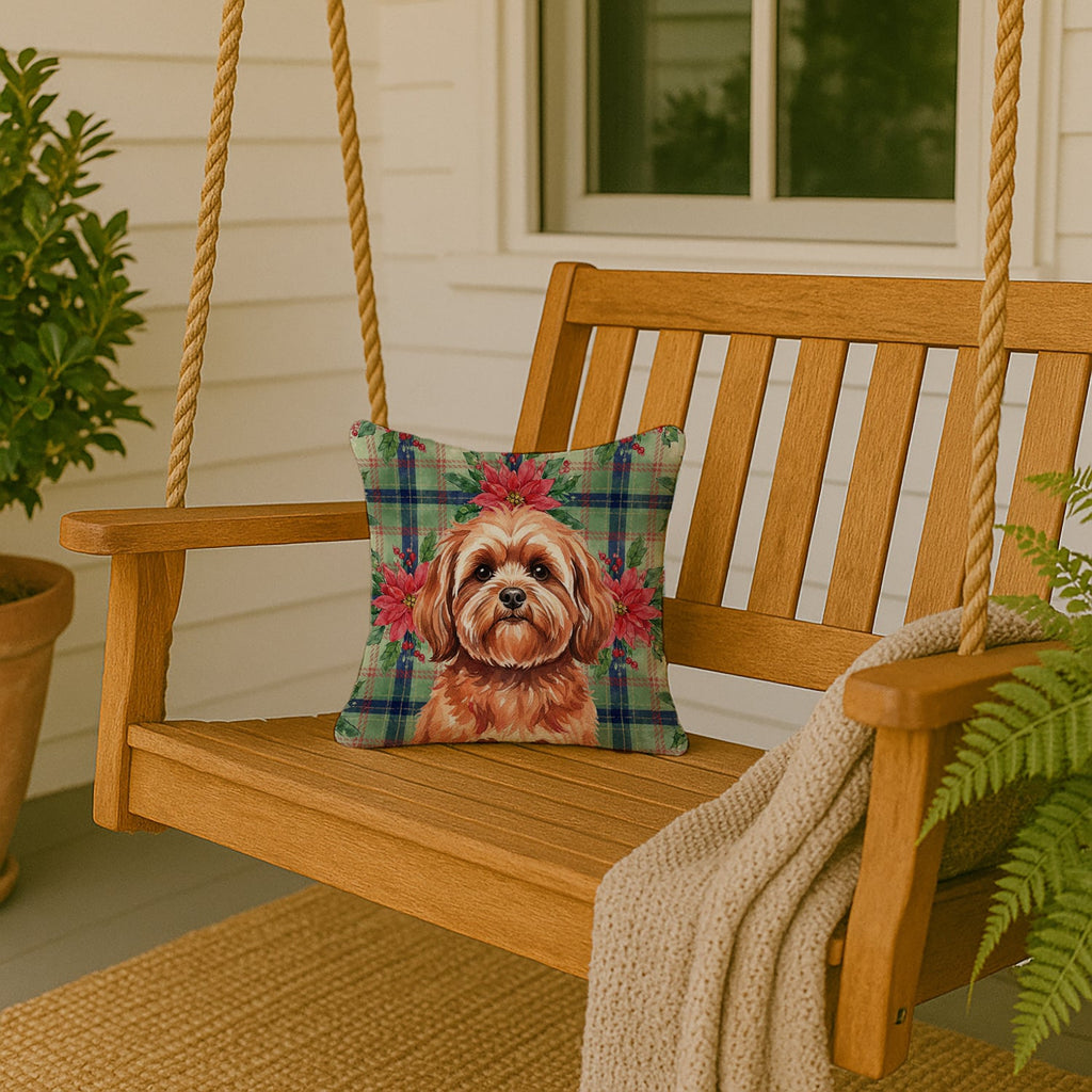 Red Lhasa Apso Christmas PoinsettIas Decorative Throw Pillow 14x14 Indoor Outdoor Accent Cushion, Fabric Cover with Insert for Sofa, Bed, Porch & Living Room