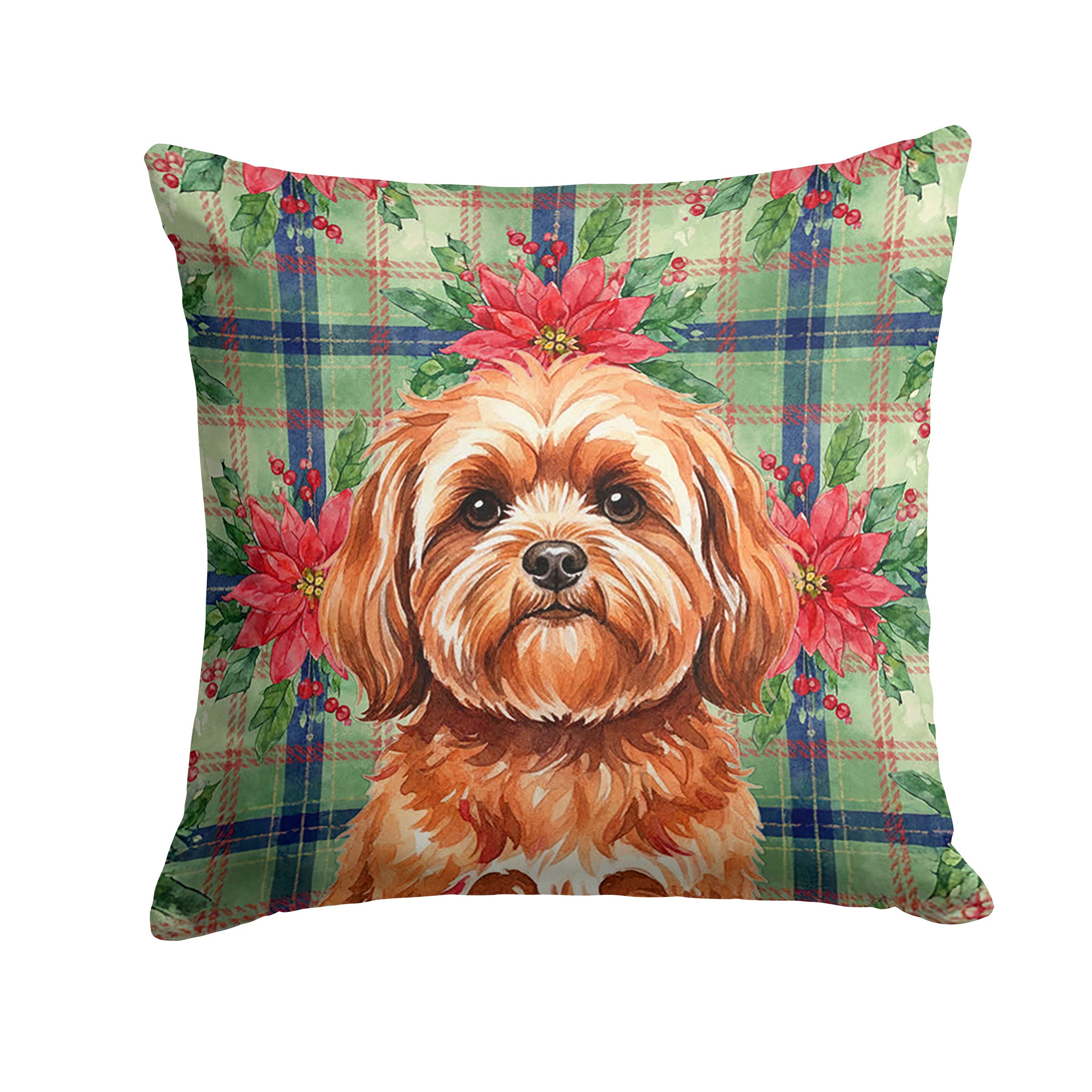 Red Lhasa Apso Christmas PoinsettIas Decorative Throw Pillow 18x18 Indoor Outdoor Accent Cushion, Fabric Cover with Insert for Sofa, Bed, Porch & Living Room