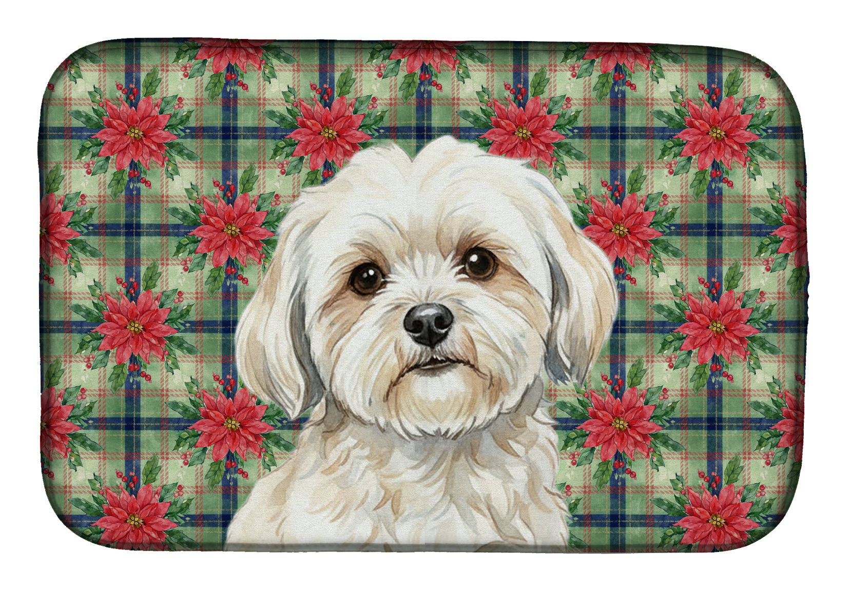 White Lhasa Apso Christmas PoinsettIas Dish Drying Mat Absorbent Dish Drying Mat Pad for Kitchen Counter Dish Drainer Mat for Countertop, 14 x 21", Multicolor