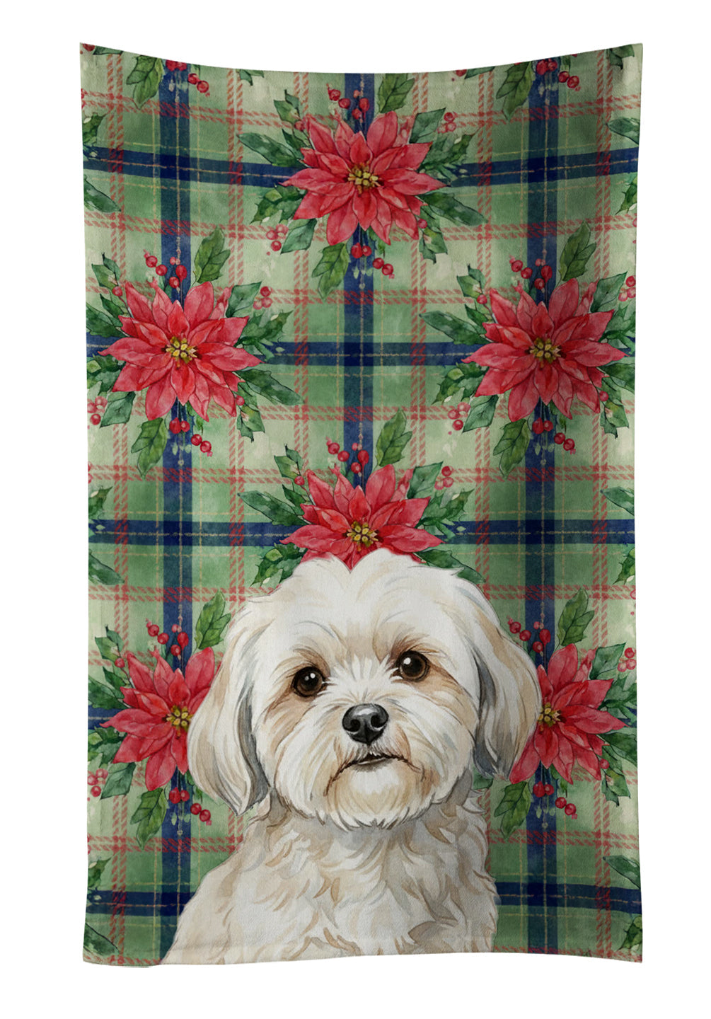 White Lhasa Apso Christmas PoinsettIas Kitchen Towel Velour Plush Front and Cotton Loop Back Machine Washable