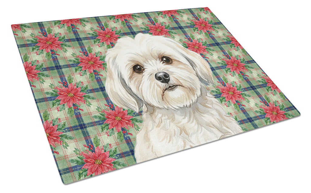 White Lhasa Apso Christmas PoinsettIas Cutting Board Tempered Glass Kitchen Cutting Surface, Heat Resistant Chopping, Non-Slip Feet, Food Prep & Serving