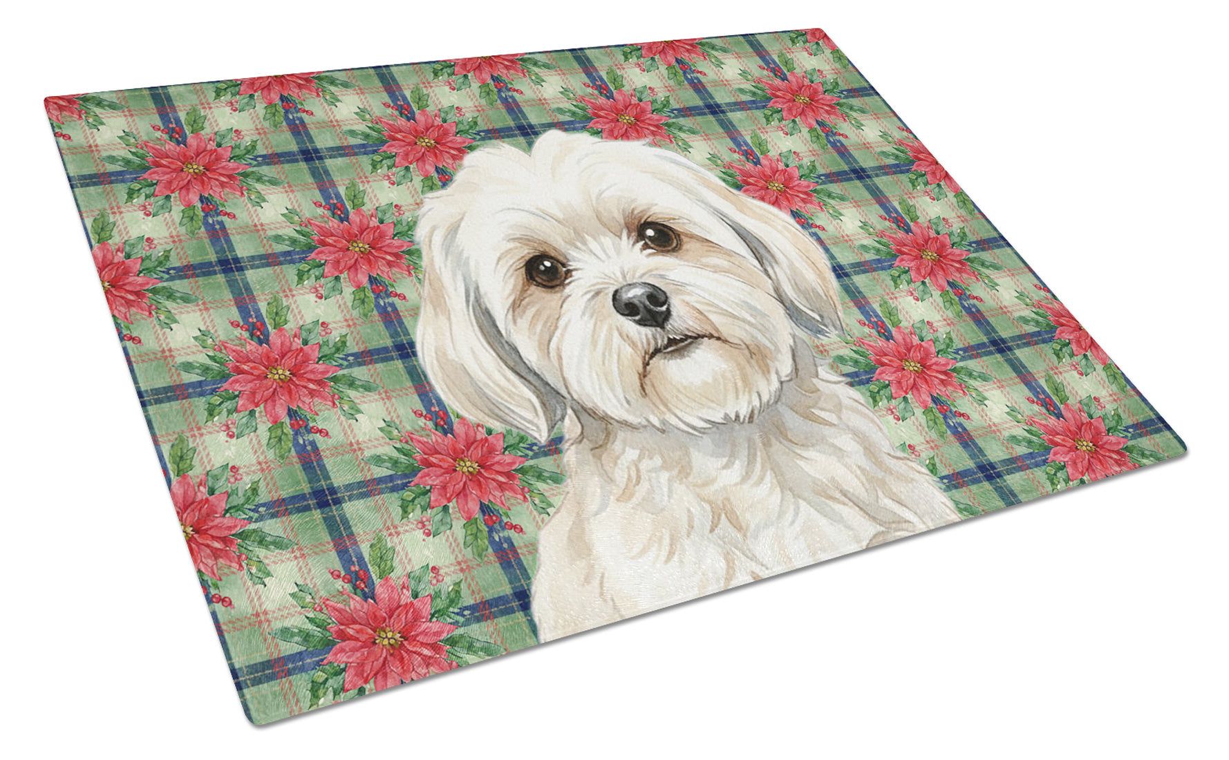 White Lhasa Apso Christmas PoinsettIas Cutting Board Tempered Glass Kitchen Cutting Surface, Heat Resistant Chopping, Non-Slip Feet, Food Prep & Serving
