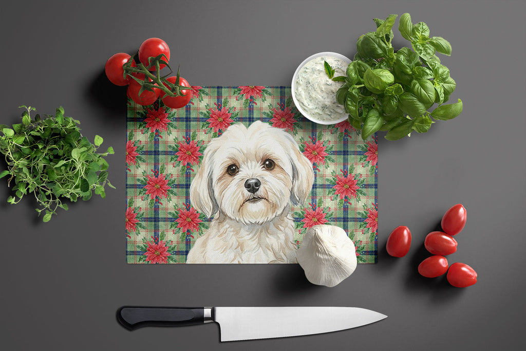 White Lhasa Apso Christmas PoinsettIas Cutting Board Tempered Glass Kitchen Cutting Surface, Heat Resistant Chopping, Non-Slip Feet, Food Prep & Serving