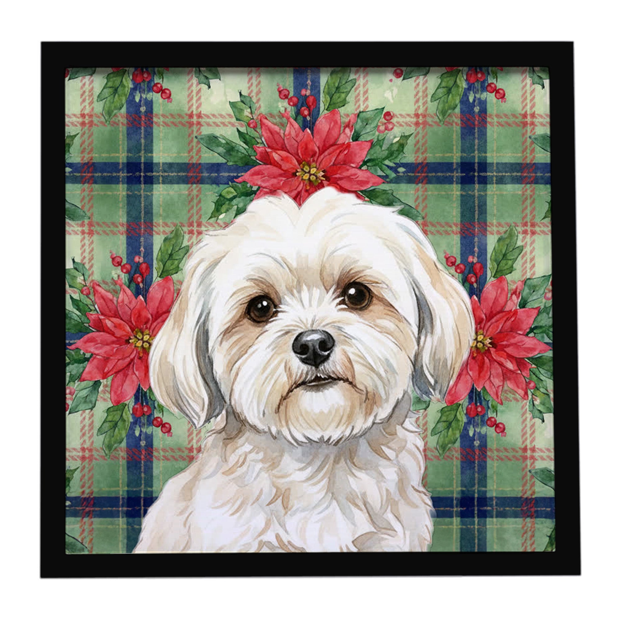 White Lhasa Apso Christmas PoinsettIas Framed Metal Print Bathroom, Kitchen, Office, Home Decor Wall Art Ready to Hang, Square, 8X8