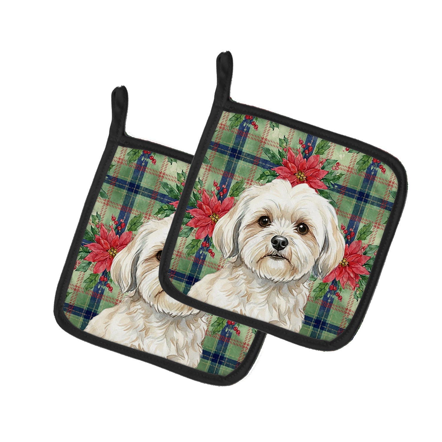 White Lhasa Apso Christmas PoinsettIas Pot Holder Set of 2 Heat Resistant Quilted Hot Pads 7.5 x 7.5 Inch, Insulated Kitchen Trivets for Cooking & Baking