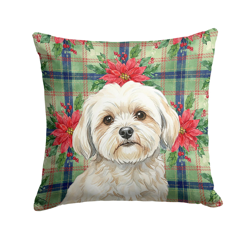 White Lhasa Apso Christmas PoinsettIas Decorative Throw Pillow 14x14 Indoor Outdoor Accent Cushion, Fabric Cover with Insert for Sofa, Bed, Porch & Living Room