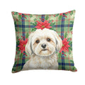 White Lhasa Apso Christmas PoinsettIas Decorative Throw Pillow 14x14 Indoor Outdoor Accent Cushion, Fabric Cover with Insert for Sofa, Bed, Porch & Living Room