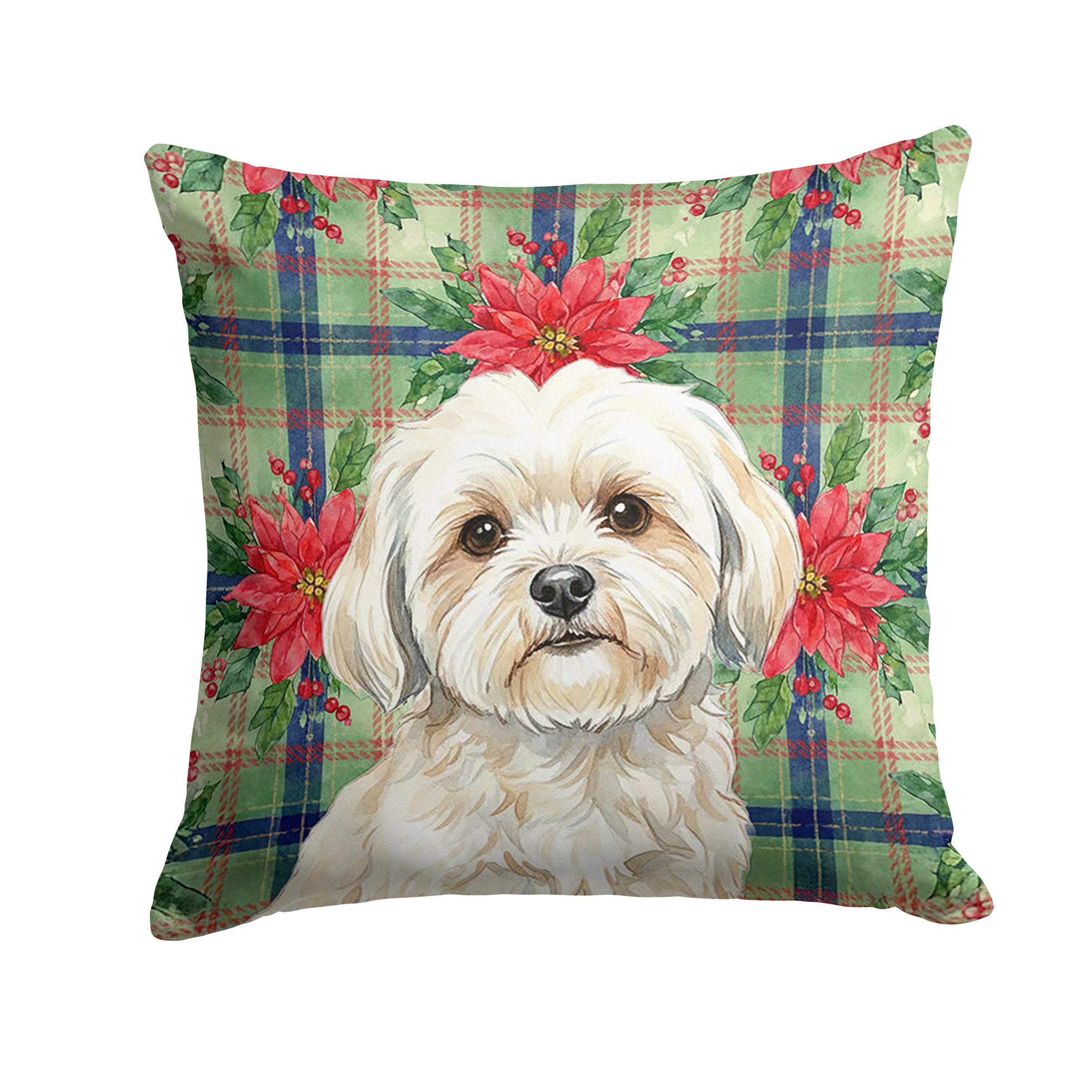 White Lhasa Apso Christmas PoinsettIas Decorative Throw Pillow 14x14 Indoor Outdoor Accent Cushion, Fabric Cover with Insert for Sofa, Bed, Porch & Living Room