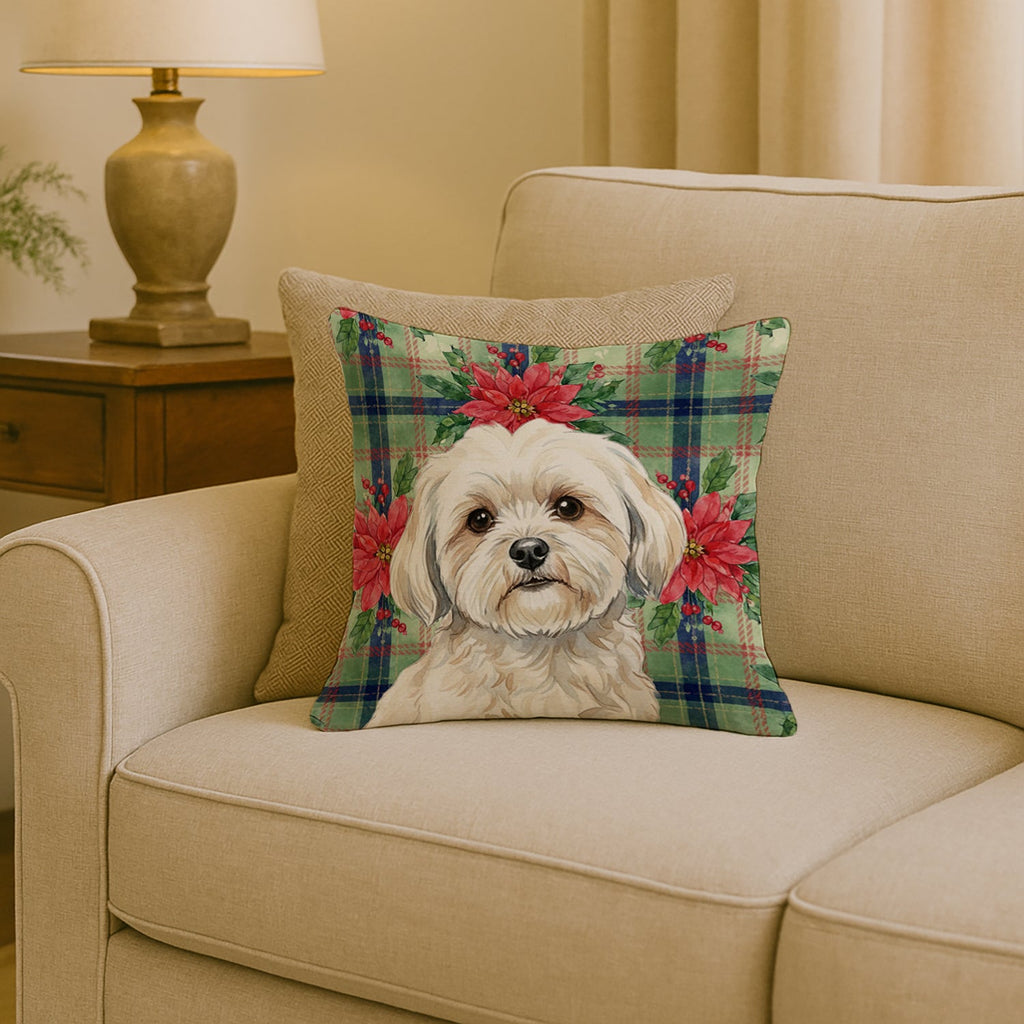White Lhasa Apso Christmas PoinsettIas Decorative Throw Pillow 18x18 Indoor Outdoor Accent Cushion, Fabric Cover with Insert for Sofa, Bed, Porch & Living Room
