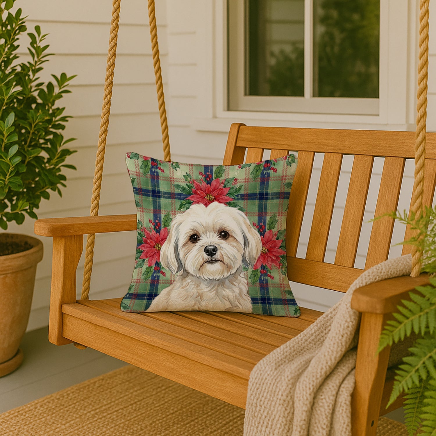 White Lhasa Apso Christmas PoinsettIas Decorative Throw Pillow 18x18 Indoor Outdoor Accent Cushion, Fabric Cover with Insert for Sofa, Bed, Porch & Living Room