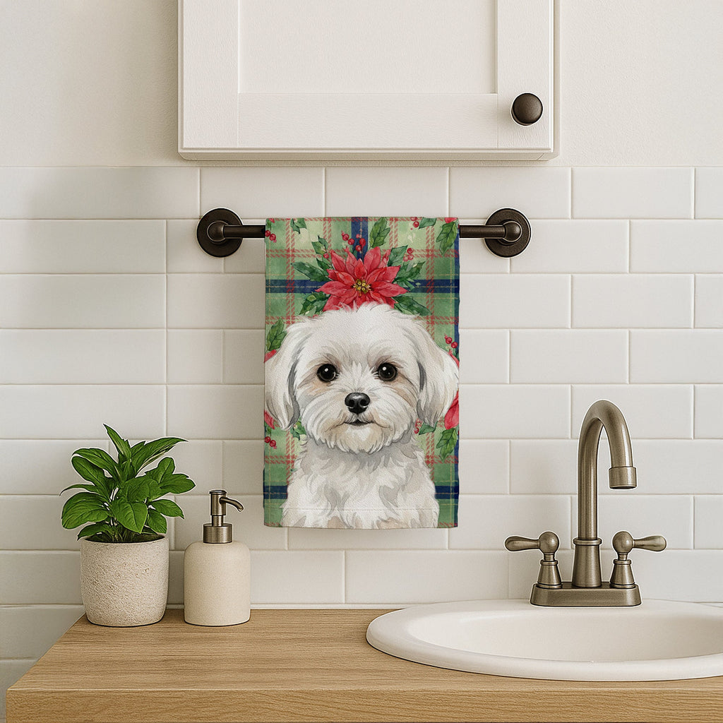 Maltese Christmas PoinsettIas Kitchen Towel Velour Plush Front and Cotton Loop Back Machine Washable