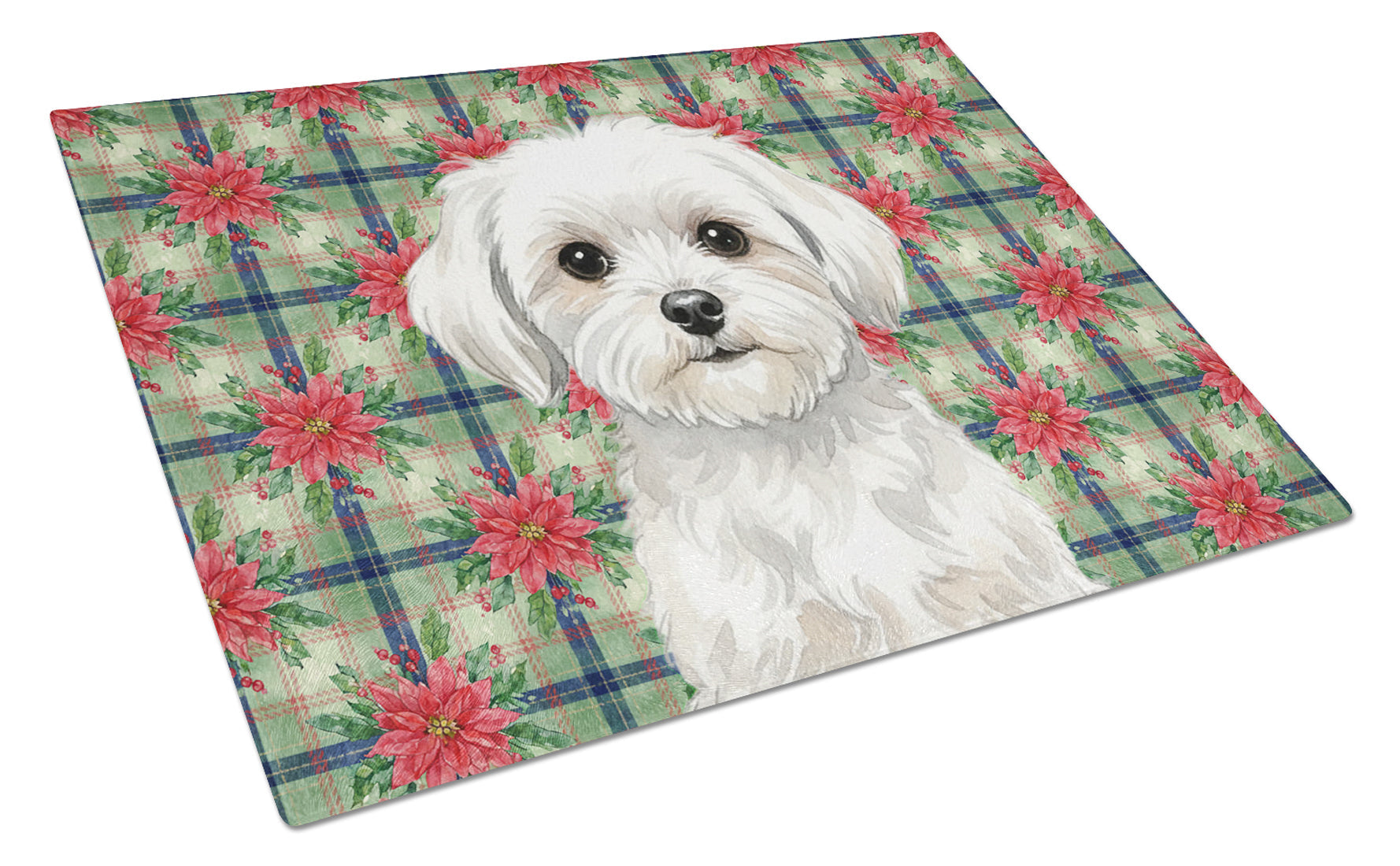 Maltese Christmas PoinsettIas Cutting Board Tempered Glass Kitchen Cutting Surface, Heat Resistant Chopping, Non-Slip Feet, Food Prep & Serving