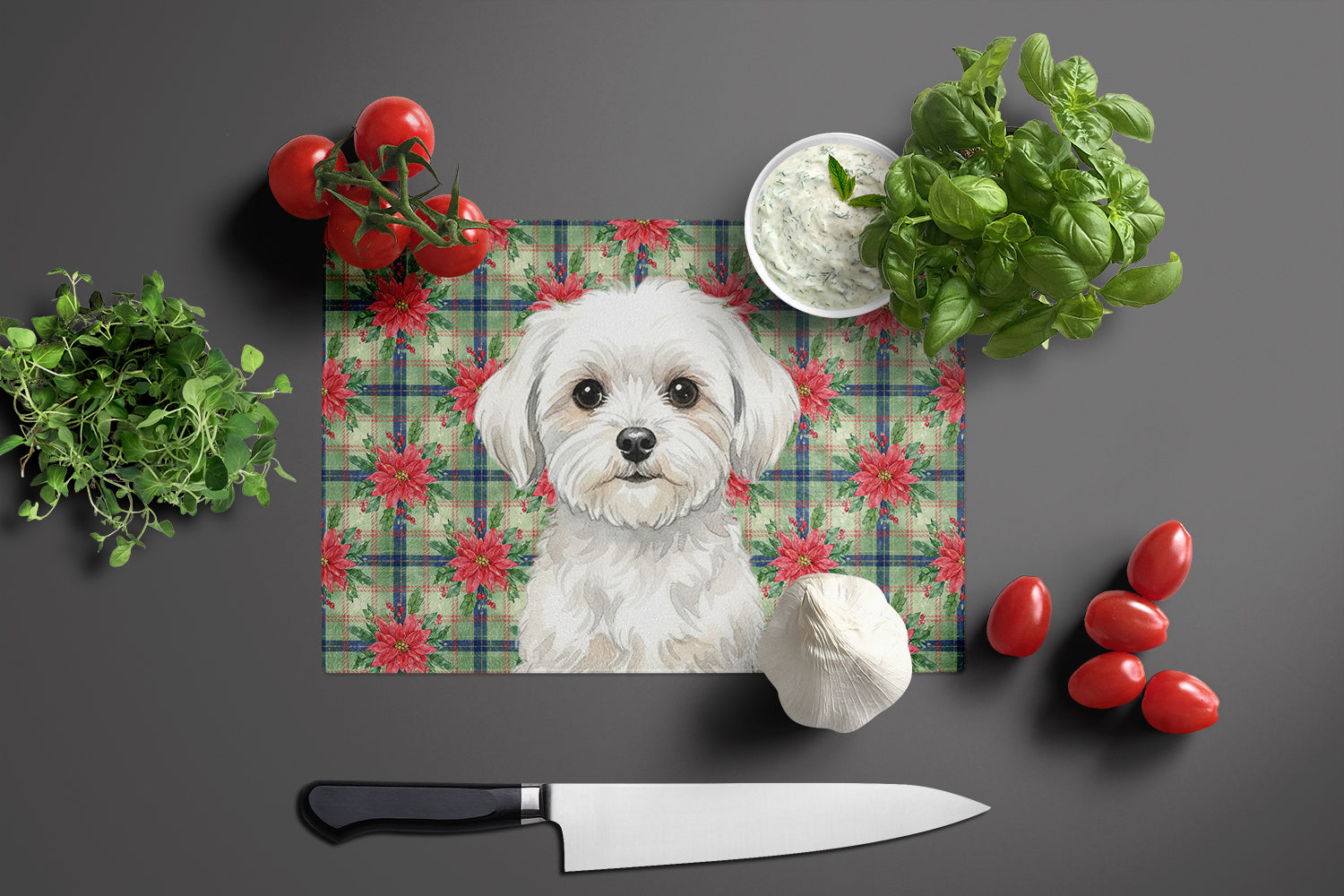 Maltese Christmas PoinsettIas Cutting Board Tempered Glass Kitchen Cutting Surface, Heat Resistant Chopping, Non-Slip Feet, Food Prep & Serving