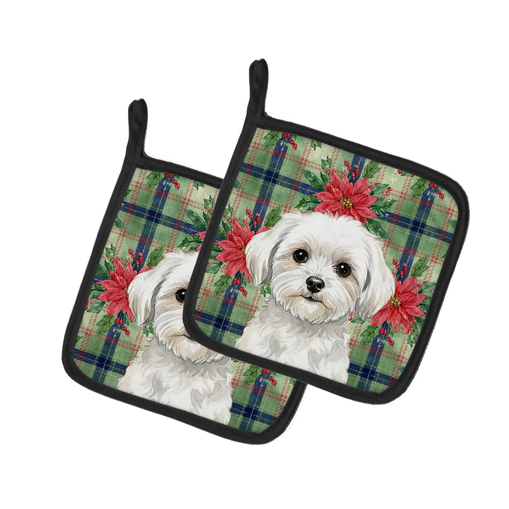 Maltese Christmas PoinsettIas Pot Holder Set of 2 Heat Resistant Quilted Hot Pads 7.5 x 7.5 Inch, Insulated Kitchen Trivets for Cooking & Baking