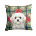 Maltese Christmas PoinsettIas Decorative Throw Pillow 14x14 Indoor Outdoor Accent Cushion, Fabric Cover with Insert for Sofa, Bed, Porch & Living Room