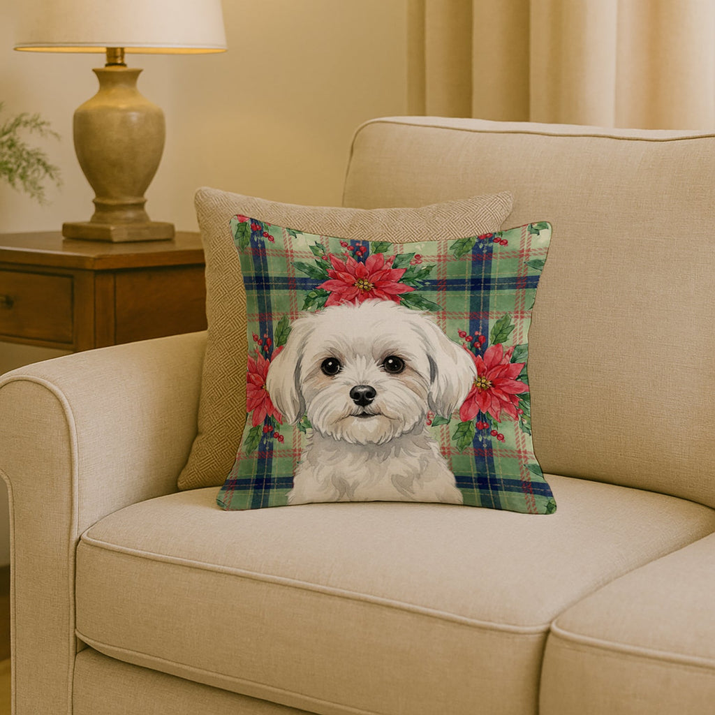Maltese Christmas PoinsettIas Decorative Throw Pillow 18x18 Indoor Outdoor Accent Cushion, Fabric Cover with Insert for Sofa, Bed, Porch & Living Room