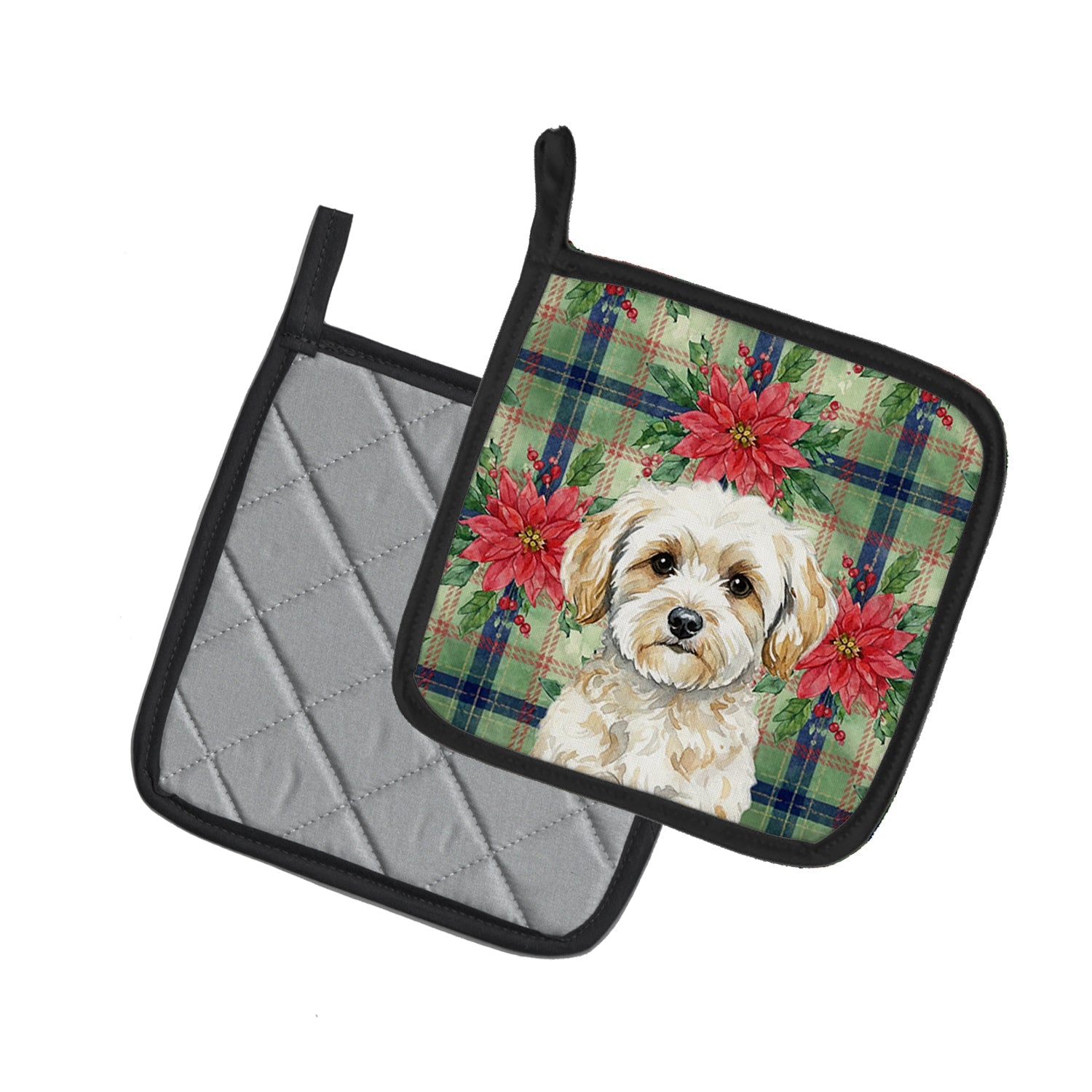 Maltipoo Christmas PoinsettIas Pot Holder Set of 2 Heat Resistant Quilted Hot Pads 7.5 x 7.5 Inch, Insulated Kitchen Trivets for Cooking & Baking