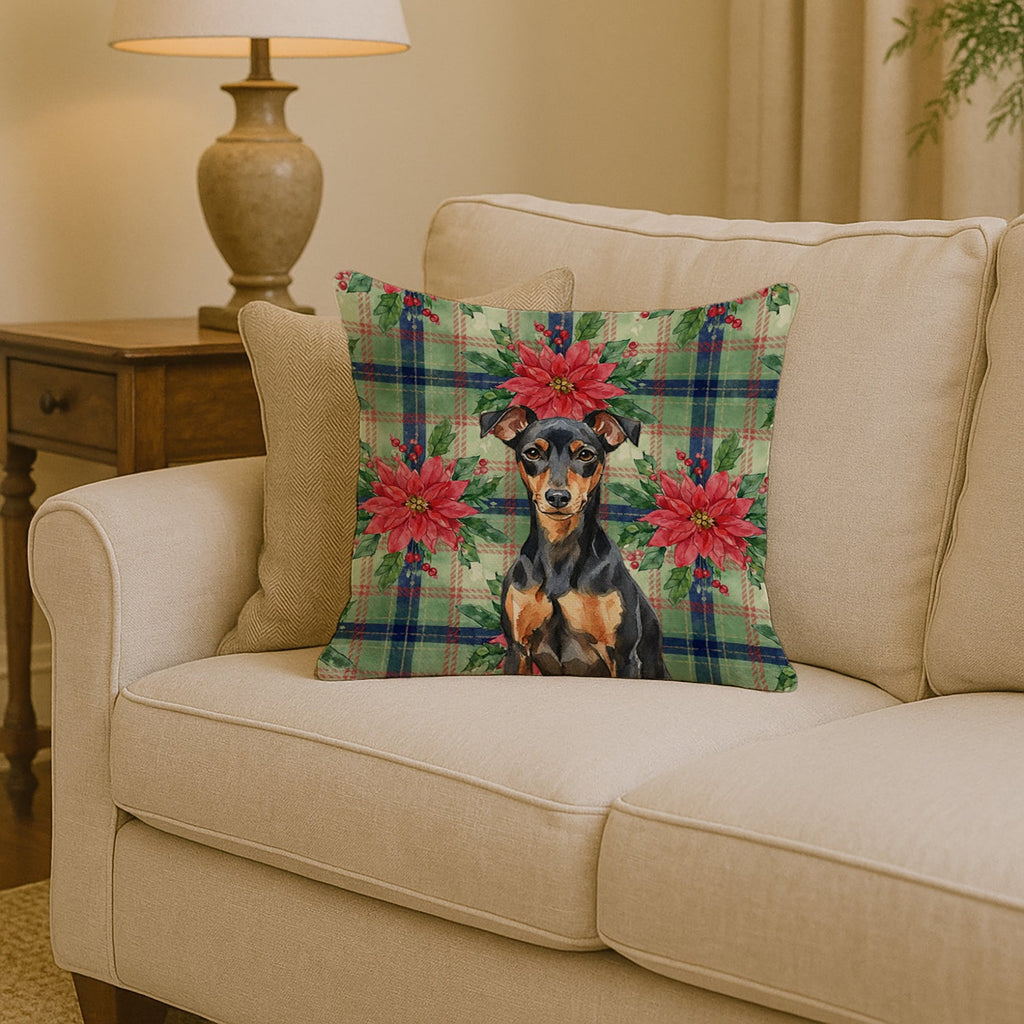 Manchester Terrier Christmas PoinsettIas Decorative Throw Pillow 14x14 Indoor Outdoor Accent Cushion, Fabric Cover with Insert for Sofa, Bed, Porch & Living Room